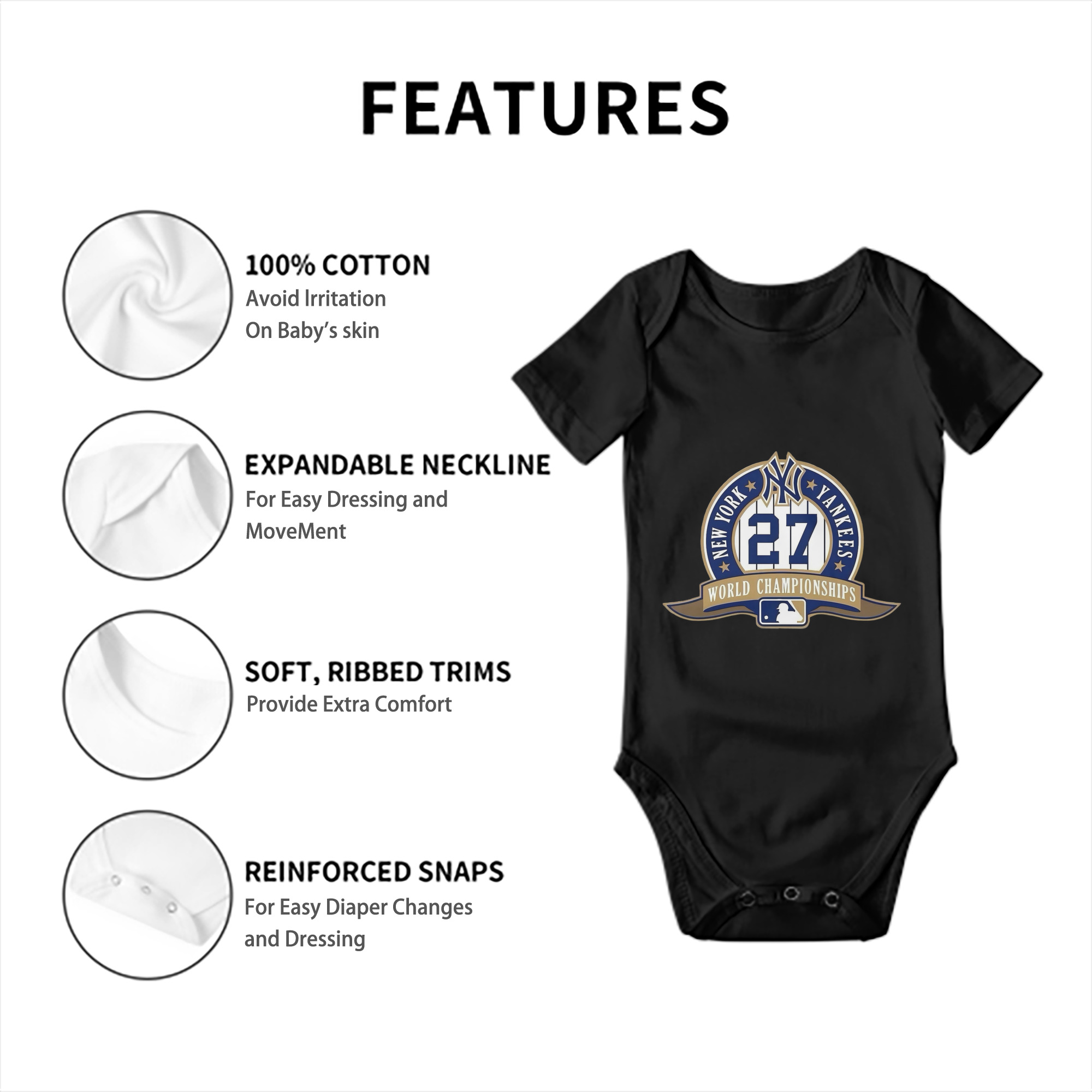 New York Yankees 27 World Championships Baby Short Sleeve Romper – 100% Cotton Soft & Breathable Digital Print Onesie With Easy Snap Closure And Envelope Shoulder – Comfortable For Daily Wear & Travel