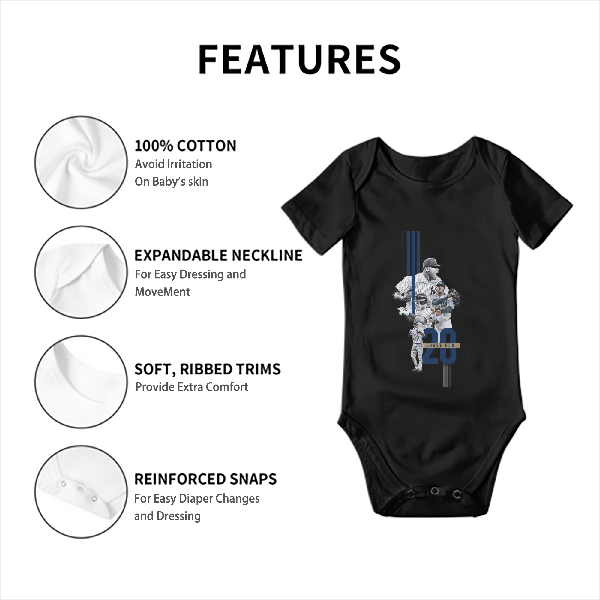 New York Yankees Chase For 28 Baby Short Sleeve Romper – 100% Cotton Soft & Breathable Digital Print Onesie With Easy Snap Closure And Envelope Shoulder – Comfortable For Daily Wear & Travel