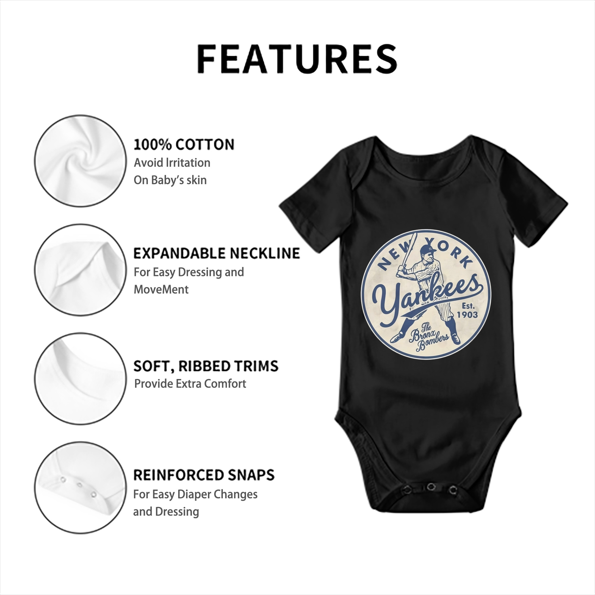 New York Yankees The Bronx Bombers Estd 1903 Baby Short Sleeve Romper – 100% Cotton Soft & Breathable Digital Print Onesie With Easy Snap Closure And Envelope Shoulder – Comfortable For Daily Wear & Travel