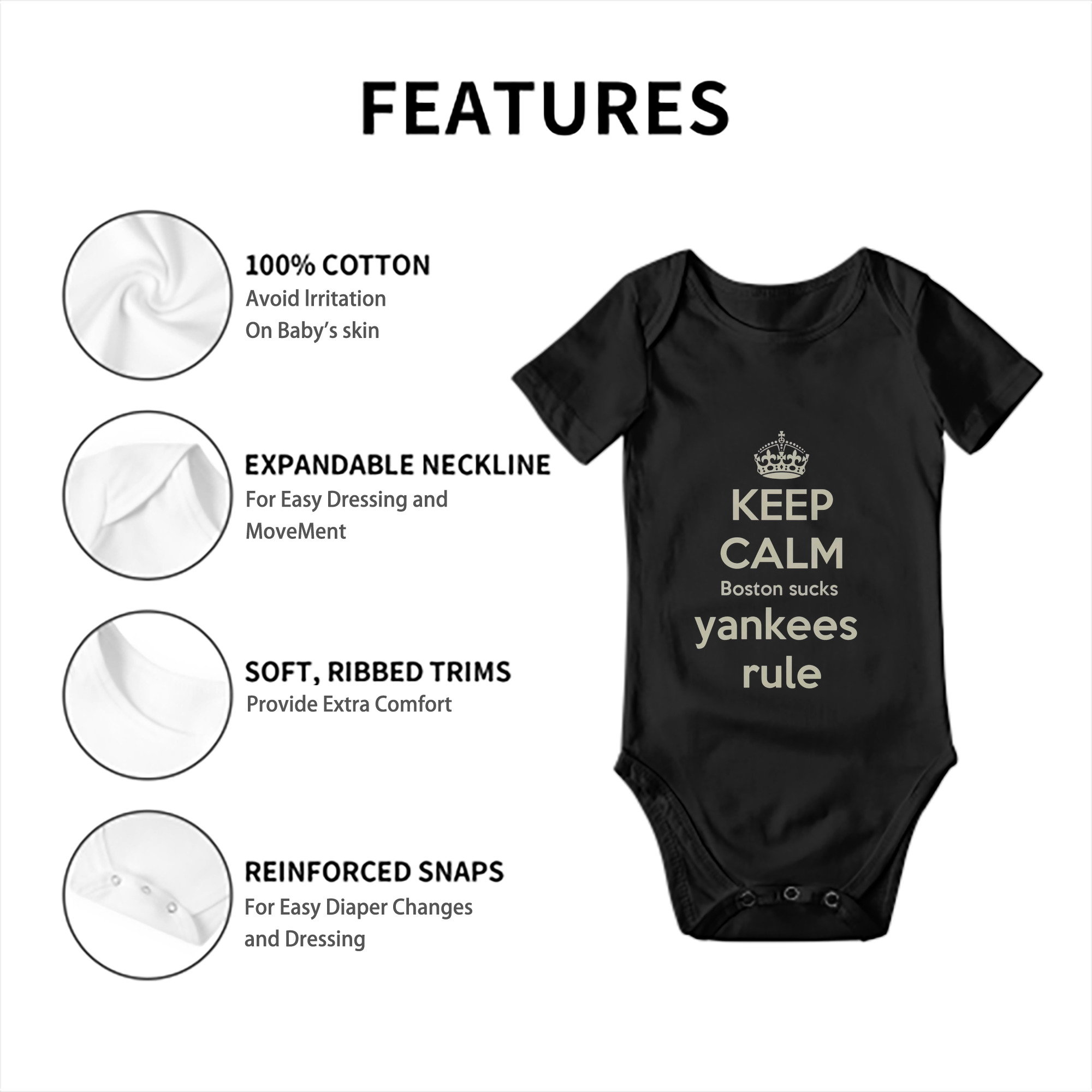 New York Yankees Keep Calm Yankees Rule Boston Sucks Baby Short Sleeve Romper – 100% Cotton Soft & Breathable Digital Print Onesie With Easy Snap Closure And Envelope Shoulder – Comfortable For Daily Wear & Travel