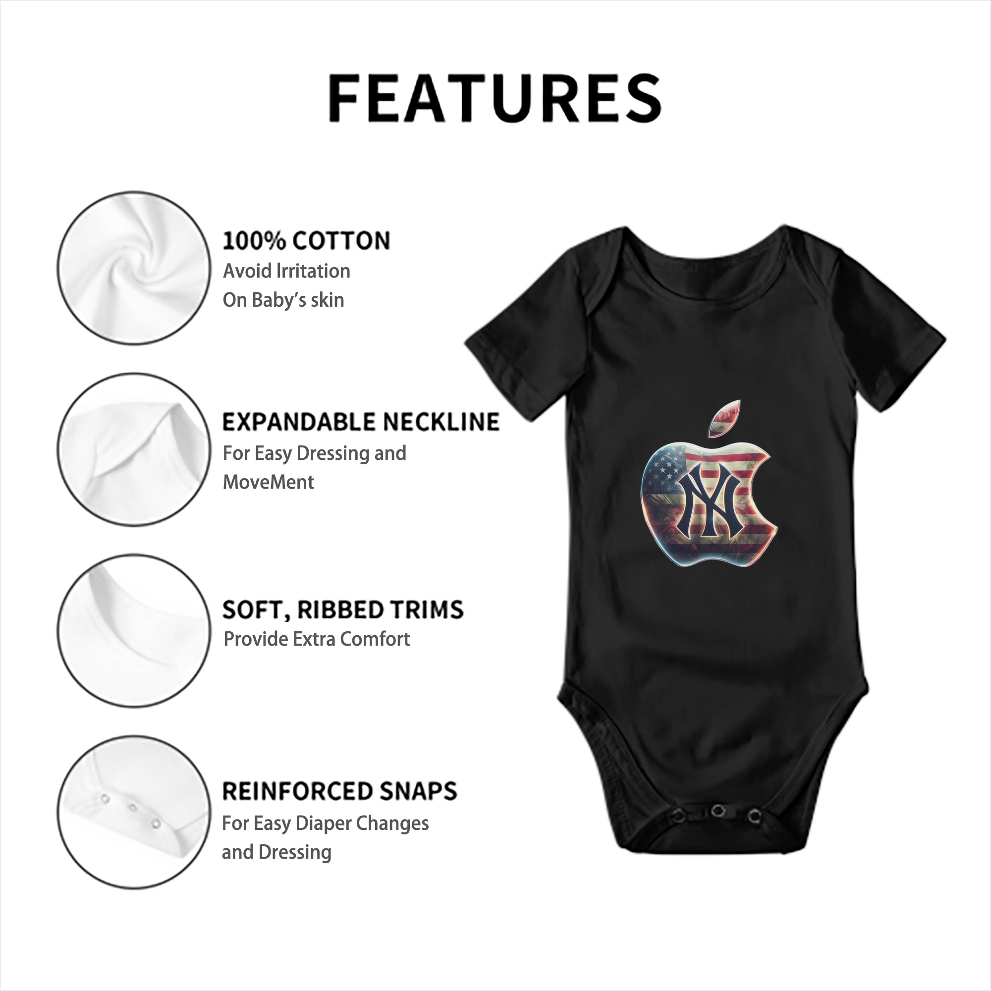 New York Yankees Apple US Flag Baby Short Sleeve Romper – 100% Cotton Soft & Breathable Digital Print Onesie With Easy Snap Closure And Envelope Shoulder – Comfortable For Daily Wear & Travel