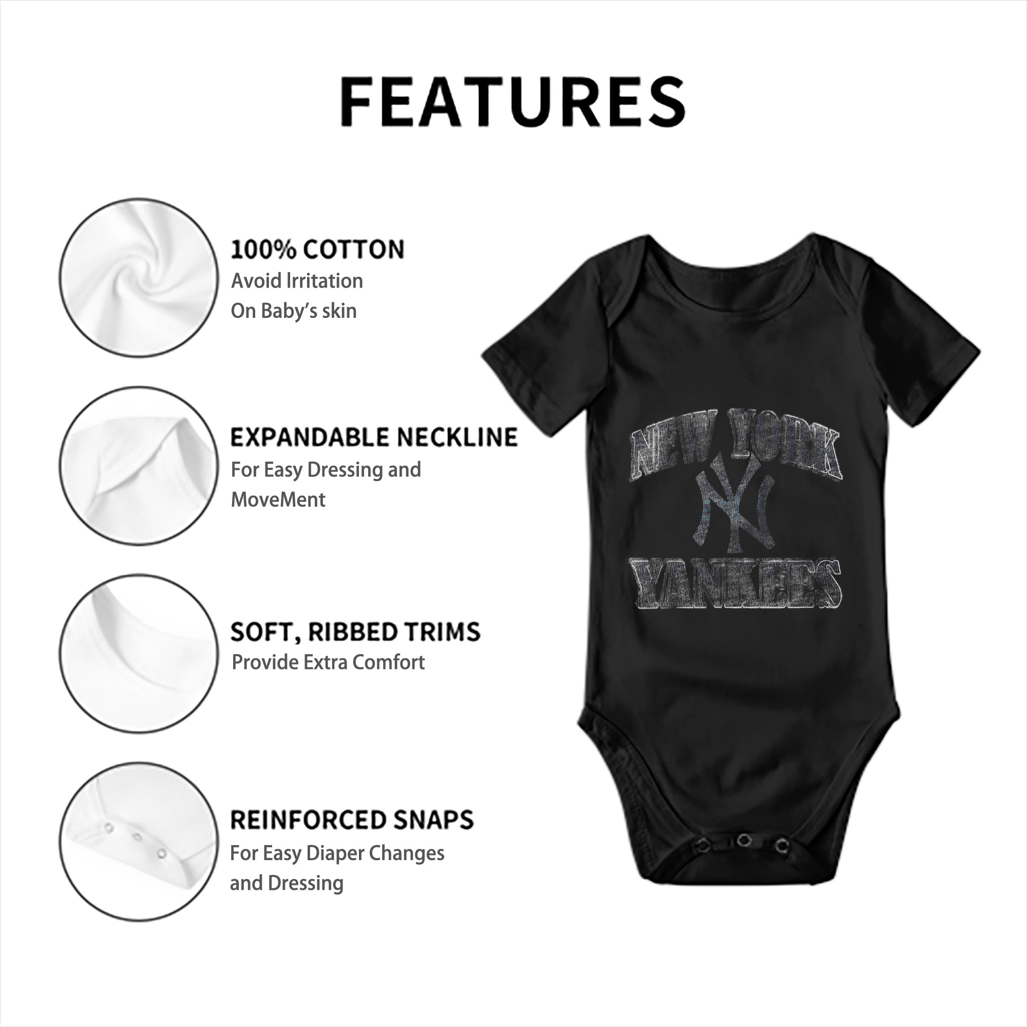 New York Yankees 76 Baby Short Sleeve Romper – 100% Cotton Soft & Breathable Digital Print Onesie With Easy Snap Closure And Envelope Shoulder – Comfortable For Daily Wear & Travel