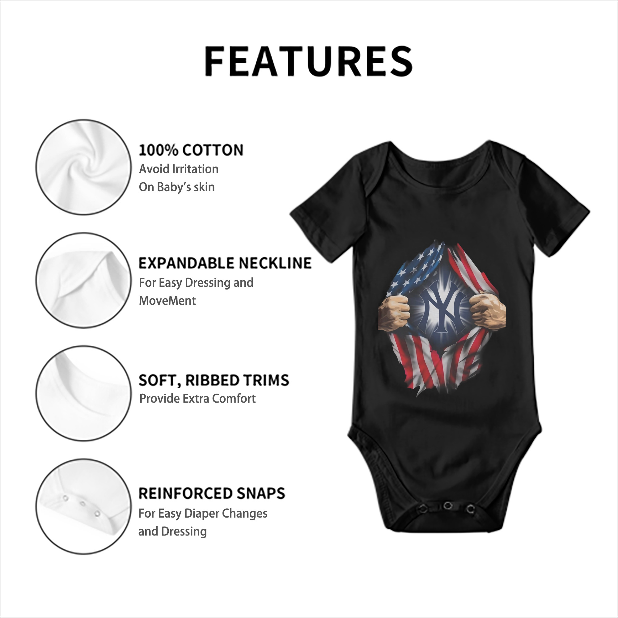 New York Yankees US Flag Yankees Inside Me Baby Short Sleeve Romper – 100% Cotton Soft & Breathable Digital Print Onesie With Easy Snap Closure And Envelope Shoulder – Comfortable For Daily Wear & Travel