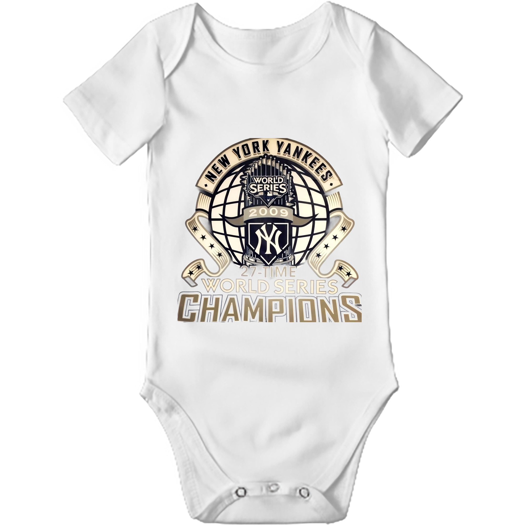 New York Yankees 2009 27th WS Champions Golden Baby Short Sleeve Romper – 100% Cotton Soft & Breathable Digital Print Onesie With Easy Snap Closure And Envelope Shoulder – Comfortable For Daily Wear & Travel