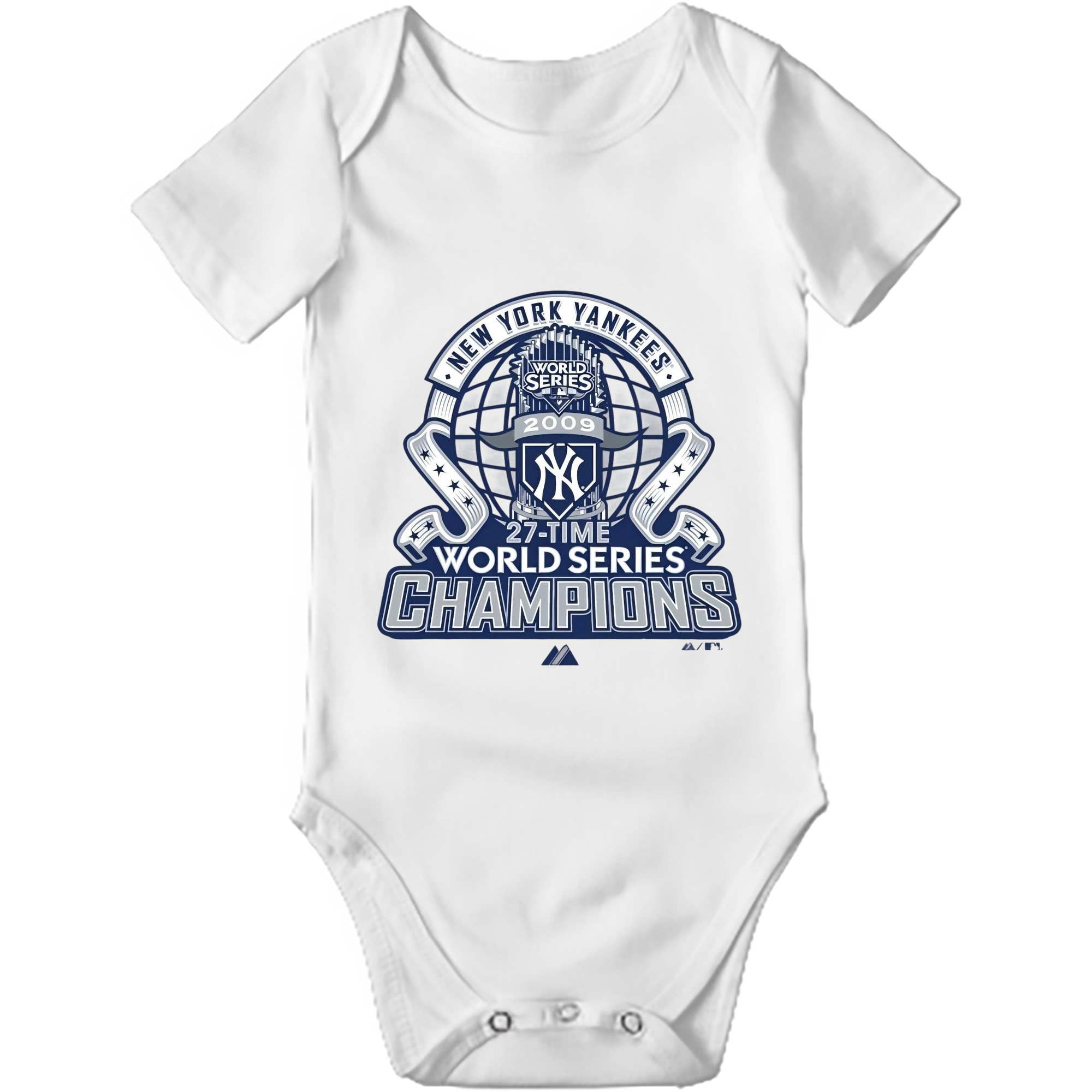 New York Yankees 2009 27th WS Champions Blue Baby Short Sleeve Romper – 100% Cotton Soft & Breathable Digital Print Onesie With Easy Snap Closure And Envelope Shoulder – Comfortable For Daily Wear & Travel