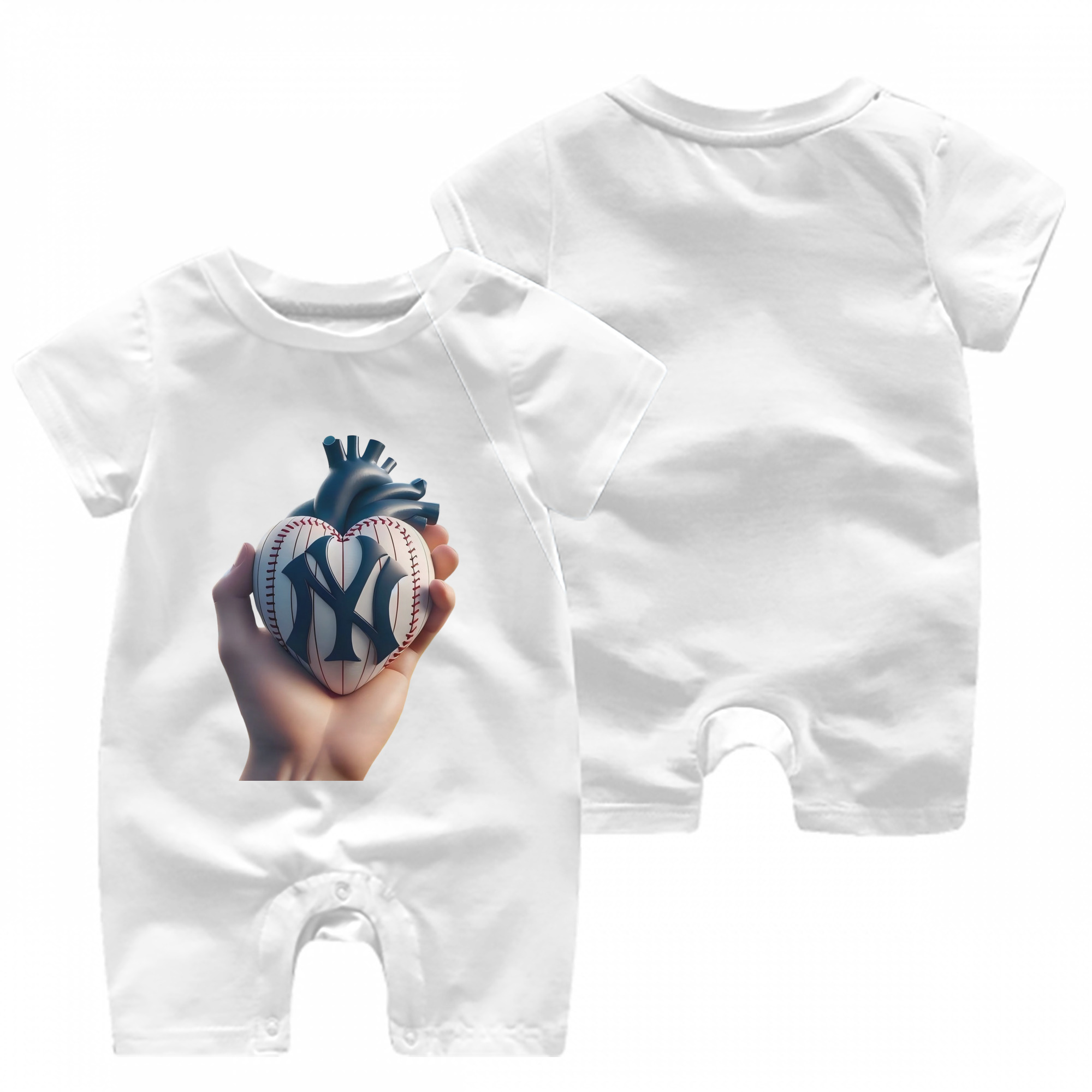 New York Yankees Heart Baby Short Sleeve Onesie – 100% Cotton Soft & Breathable Digital Print Romper – Double-Sided Print, Snap Closure For Easy Diaper Changes – Comfortable For Boys & Girls