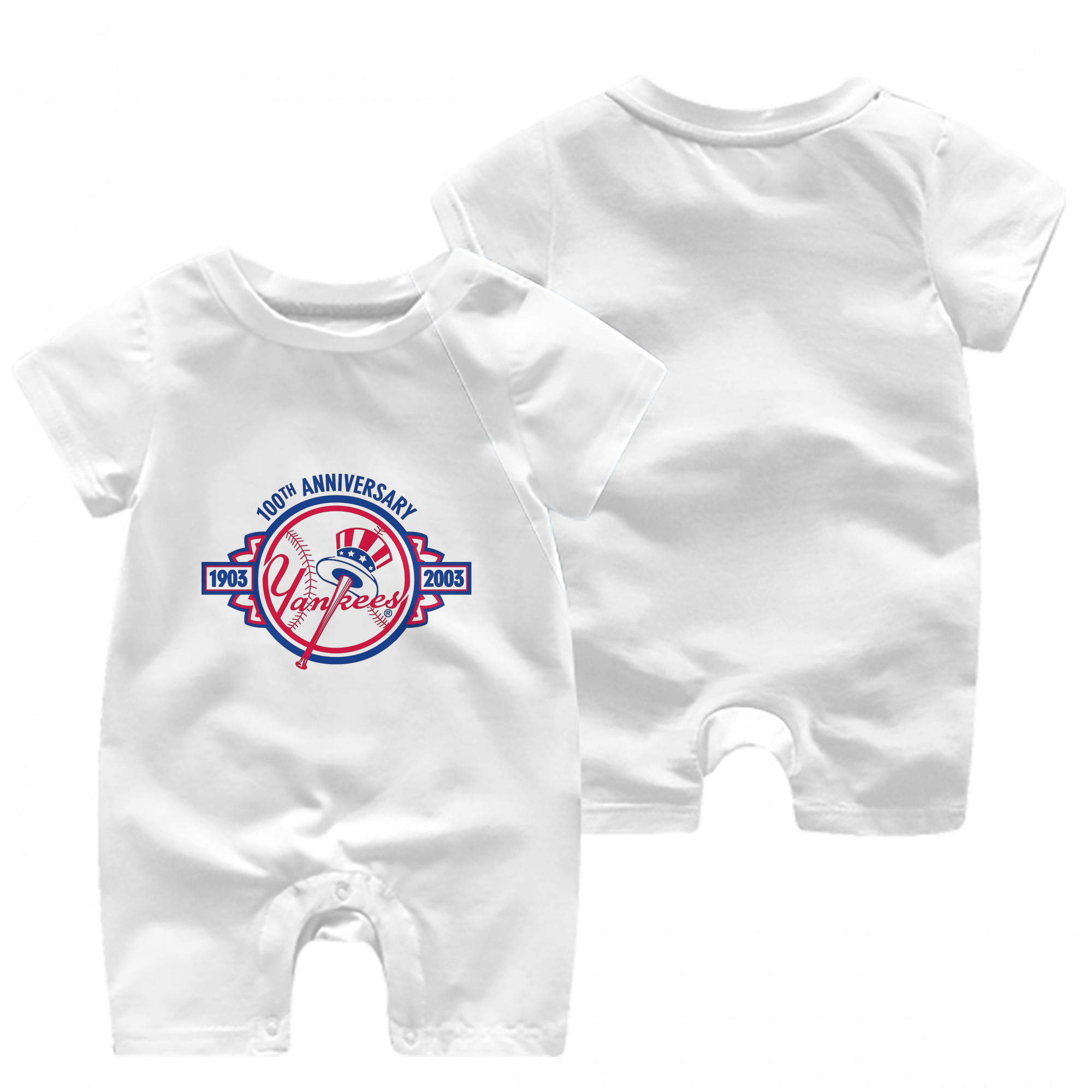 New York Yankees 100th Anniversary 1903-2003 Baby Short Sleeve Onesie – 100% Cotton Soft & Breathable Digital Print Romper – Double-Sided Print, Snap Closure For Easy Diaper Changes – Comfortable For Boys & Girls
