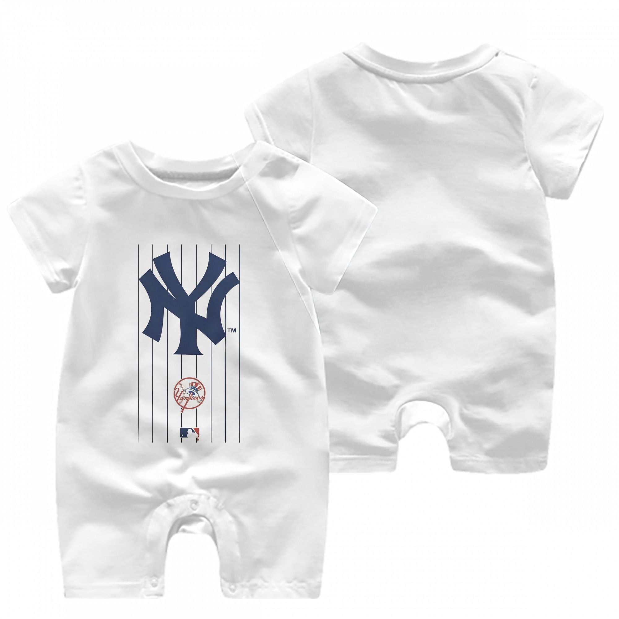 New York Yankees Pinstripe Logo Baby Short Sleeve Onesie – 100% Cotton Soft & Breathable Digital Print Romper – Double-Sided Print, Snap Closure For Easy Diaper Changes – Comfortable For Boys & Girls