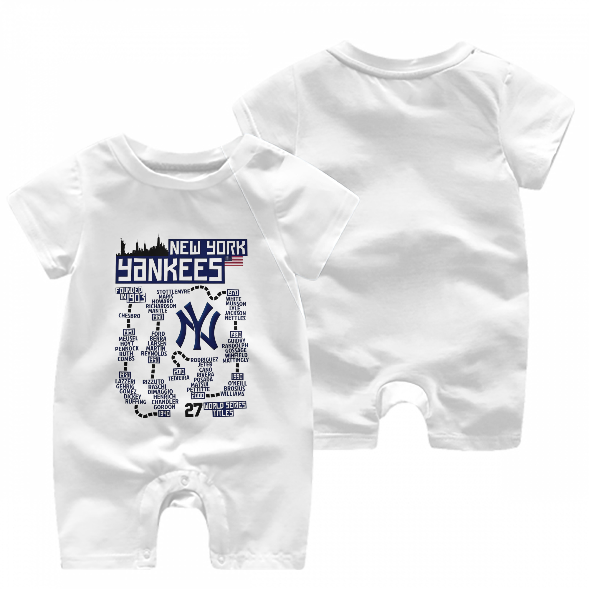 New York Yankees 27 World Series Titles Baby Short Sleeve Onesie – 100% Cotton Soft & Breathable Digital Print Romper – Double-Sided Print, Snap Closure For Easy Diaper Changes – Comfortable For Boys & Girls
