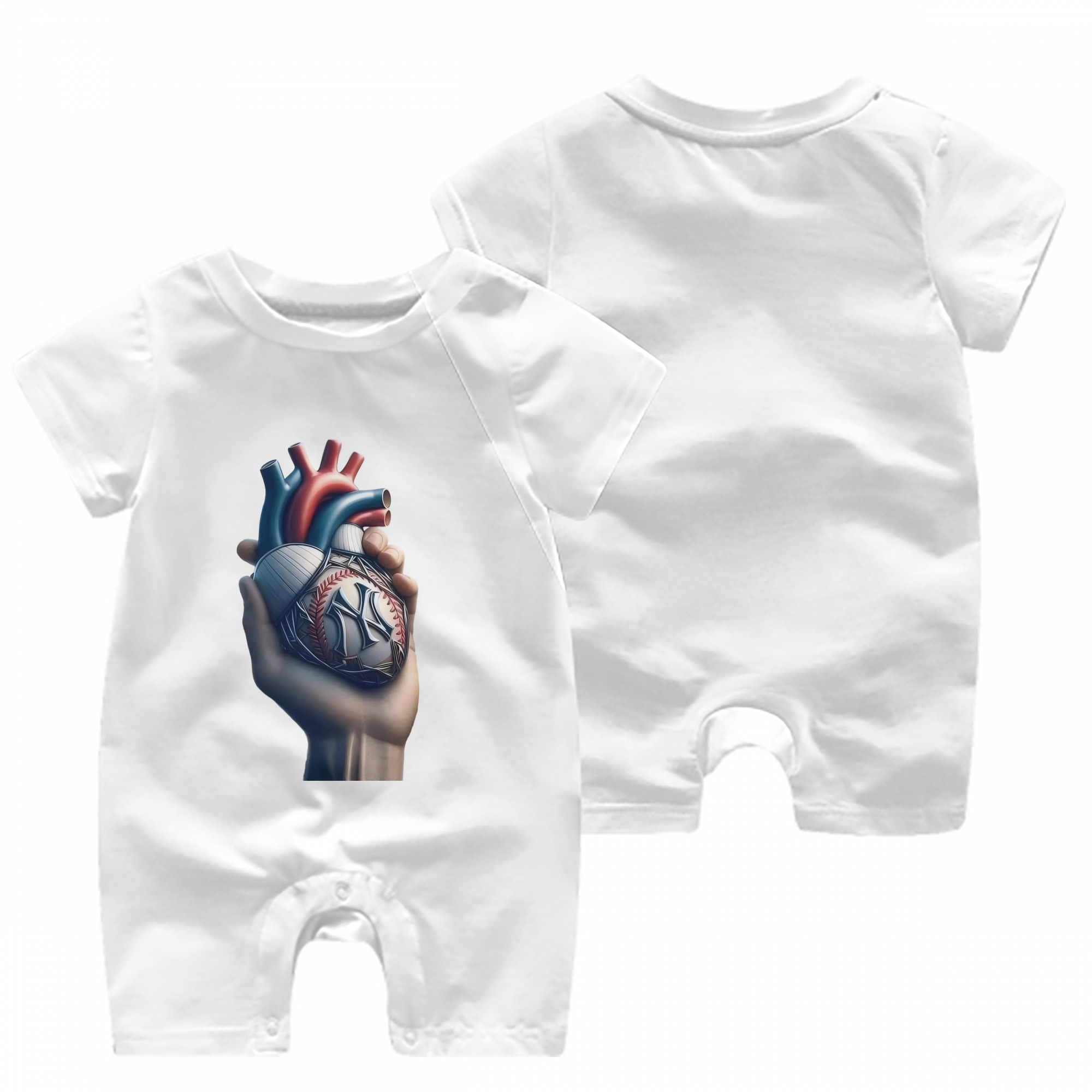 New York Yankees Heart Baby Short Sleeve Onesie – 100% Cotton Soft & Breathable Digital Print Romper – Double-Sided Print, Snap Closure For Easy Diaper Changes – Comfortable For Boys & Girls