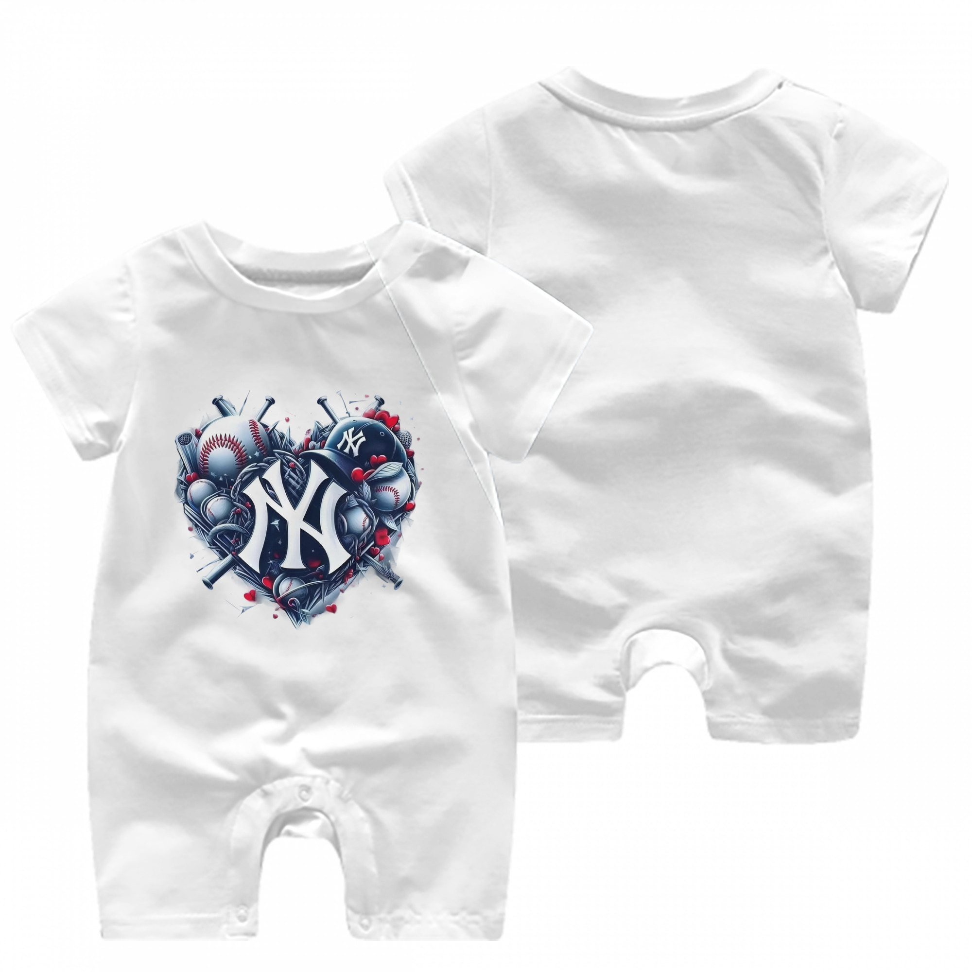 New York Yankees Heart Baby Short Sleeve Onesie – 100% Cotton Soft & Breathable Digital Print Romper – Double-Sided Print, Snap Closure For Easy Diaper Changes – Comfortable For Boys & Girls