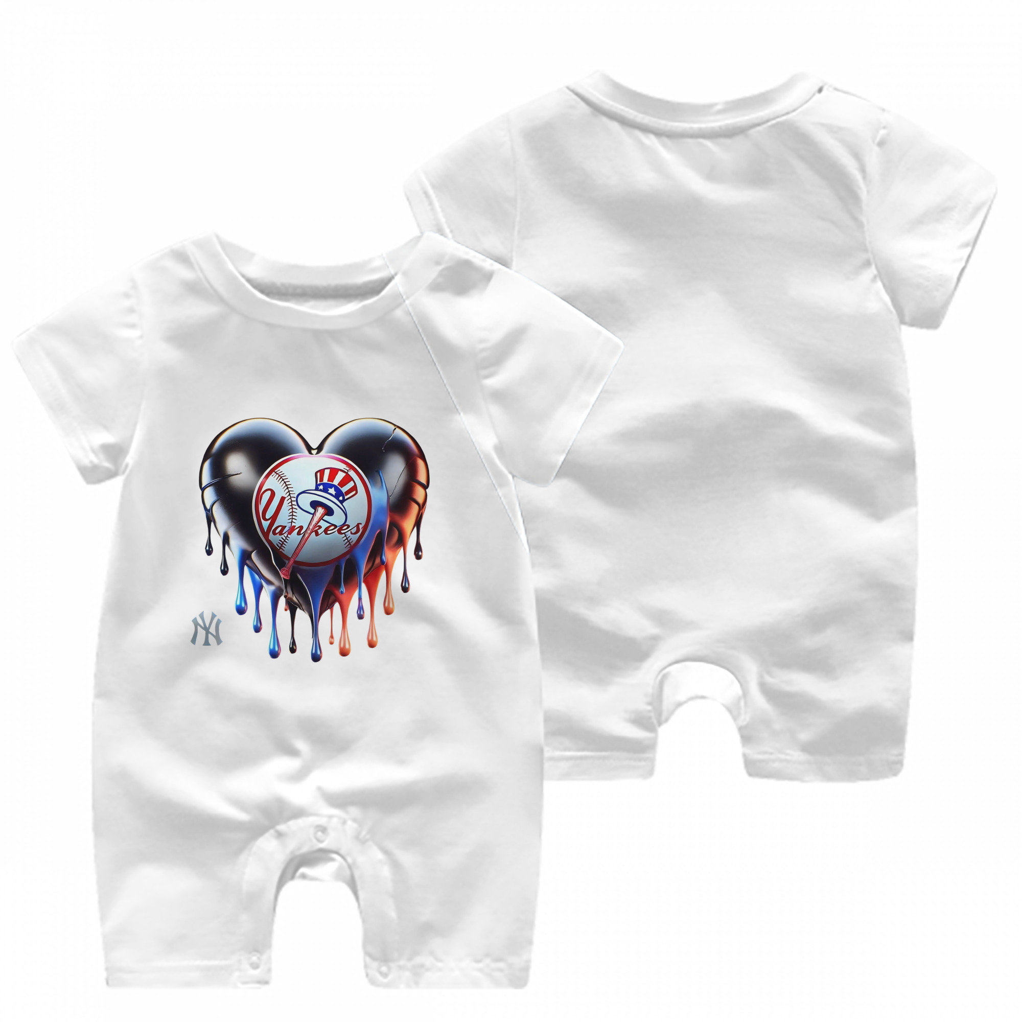New York Yankees Heart Baby Short Sleeve Onesie – 100% Cotton Soft & Breathable Digital Print Romper – Double-Sided Print, Snap Closure For Easy Diaper Changes – Comfortable For Boys & Girls