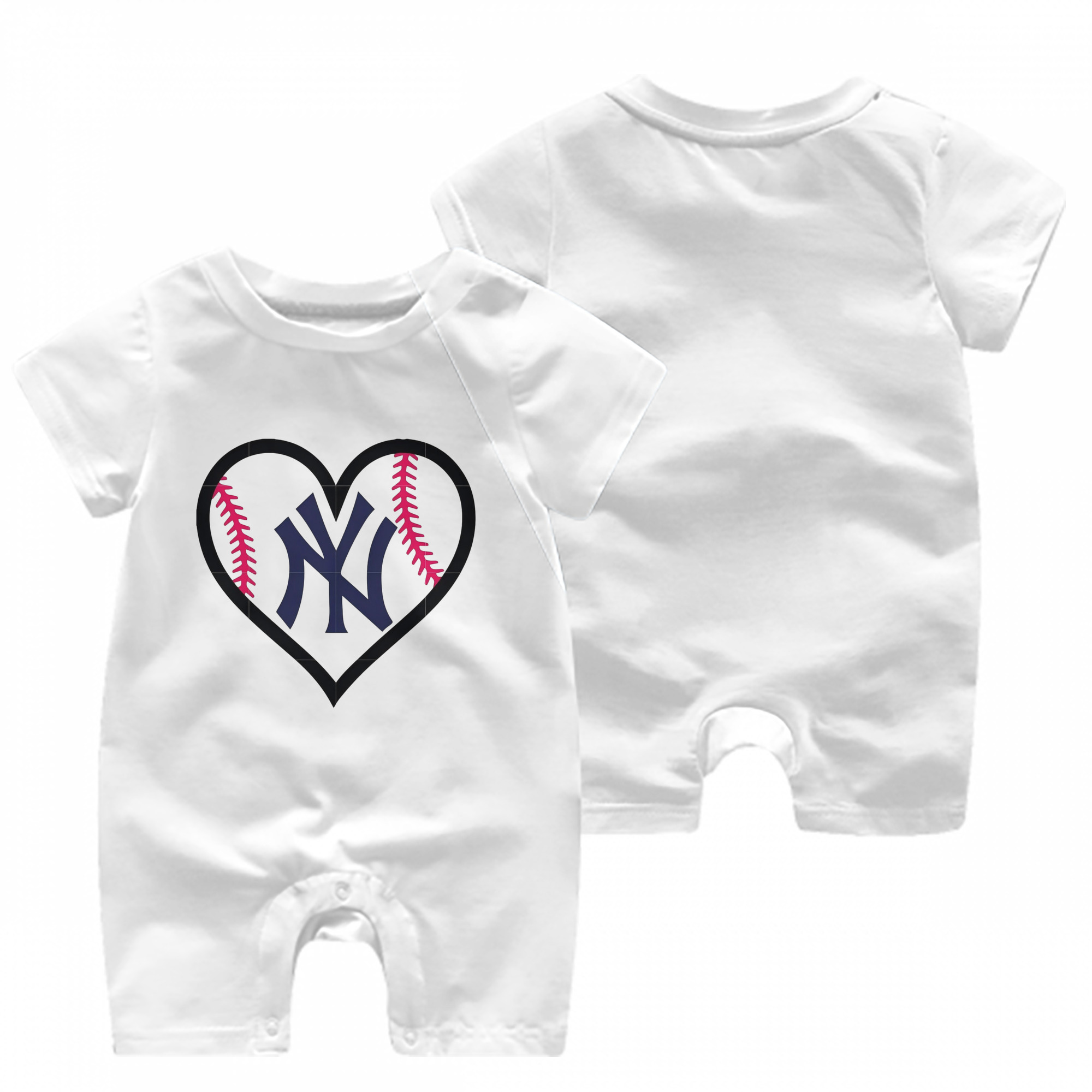 New York Yankees Heart Baby Short Sleeve Onesie – 100% Cotton Soft & Breathable Digital Print Romper – Double-Sided Print, Snap Closure For Easy Diaper Changes – Comfortable For Boys & Girls
