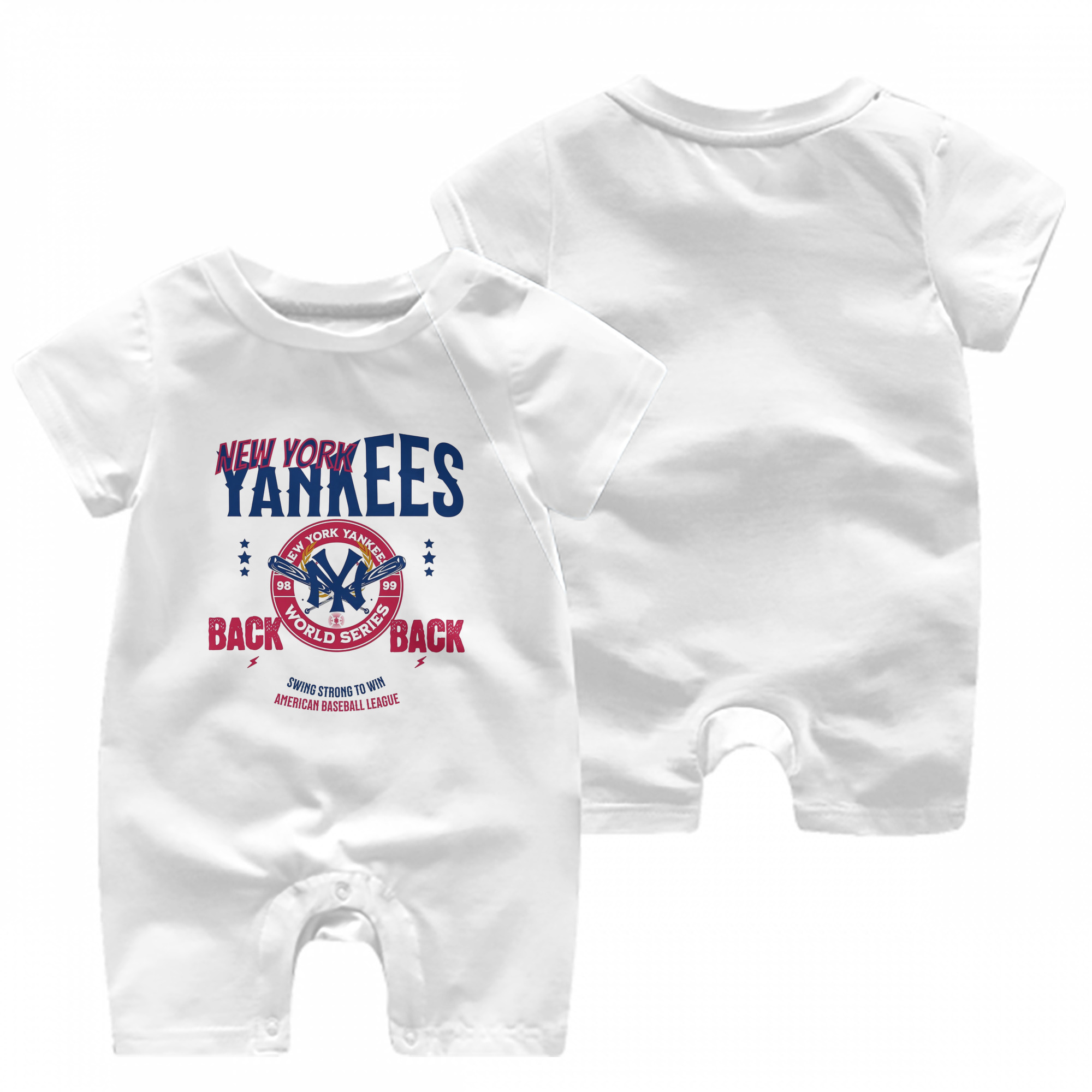 New York Yankees WS Back 2 Back 98-99 Baby Short Sleeve Onesie – 100% Cotton Soft & Breathable Digital Print Romper – Double-Sided Print, Snap Closure For Easy Diaper Changes – Comfortable For Boys & Girls