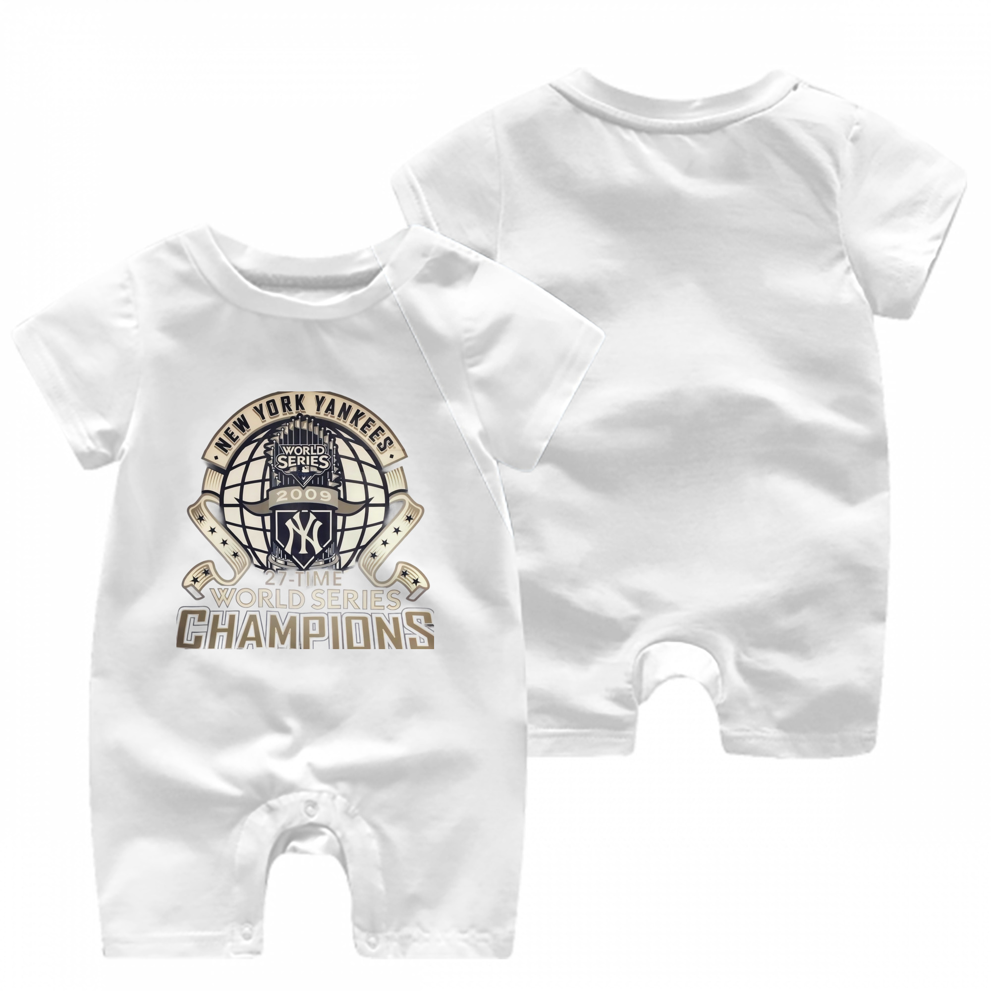 New York Yankees 2009 27th WS Champions Golden Baby Short Sleeve Onesie – 100% Cotton Soft & Breathable Digital Print Romper – Double-Sided Print, Snap Closure For Easy Diaper Changes – Comfortable For Boys & Girls