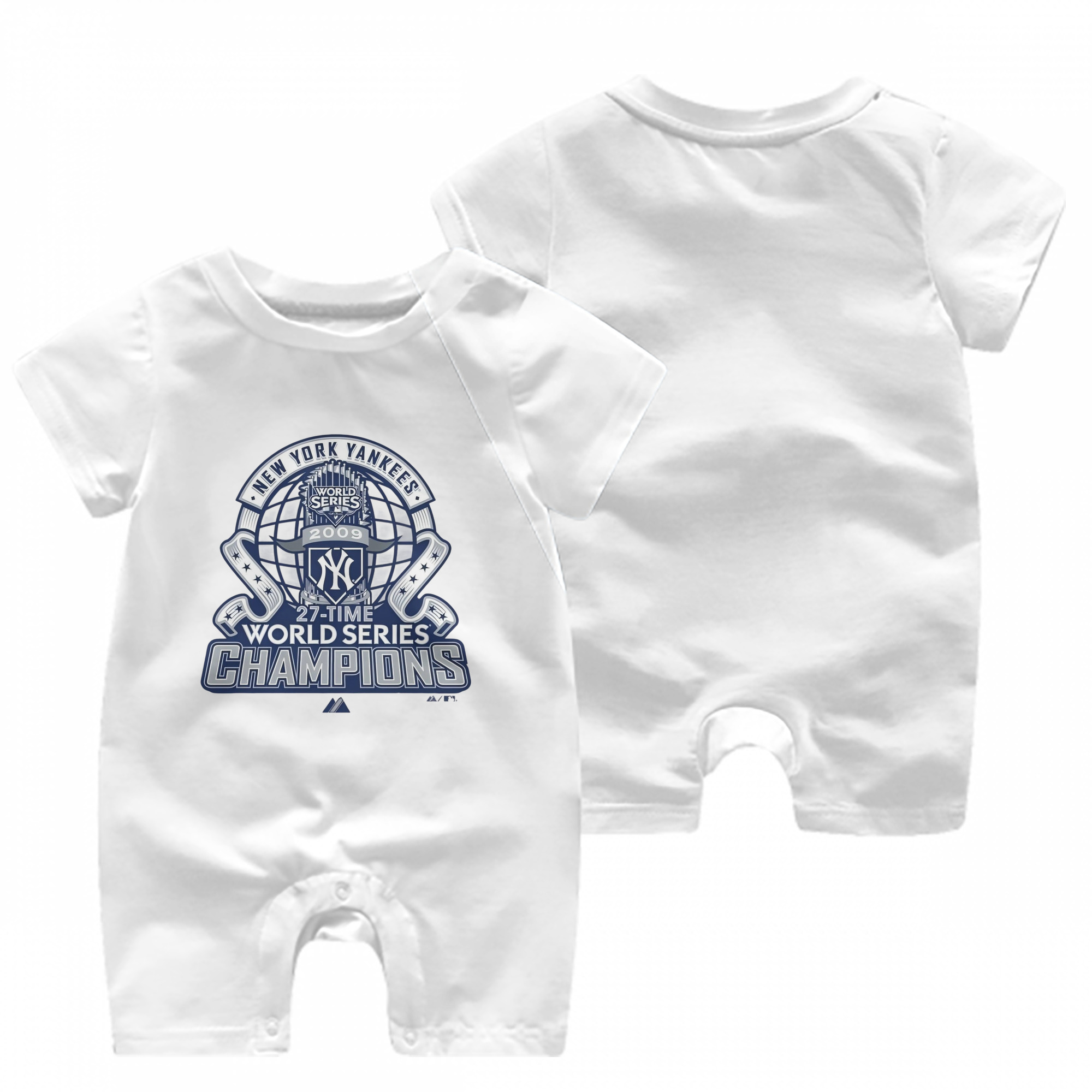 New York Yankees 2009 27th WS Champions Blue Baby Short Sleeve Onesie – 100% Cotton Soft & Breathable Digital Print Romper – Double-Sided Print, Snap Closure For Easy Diaper Changes – Comfortable For Boys & Girls