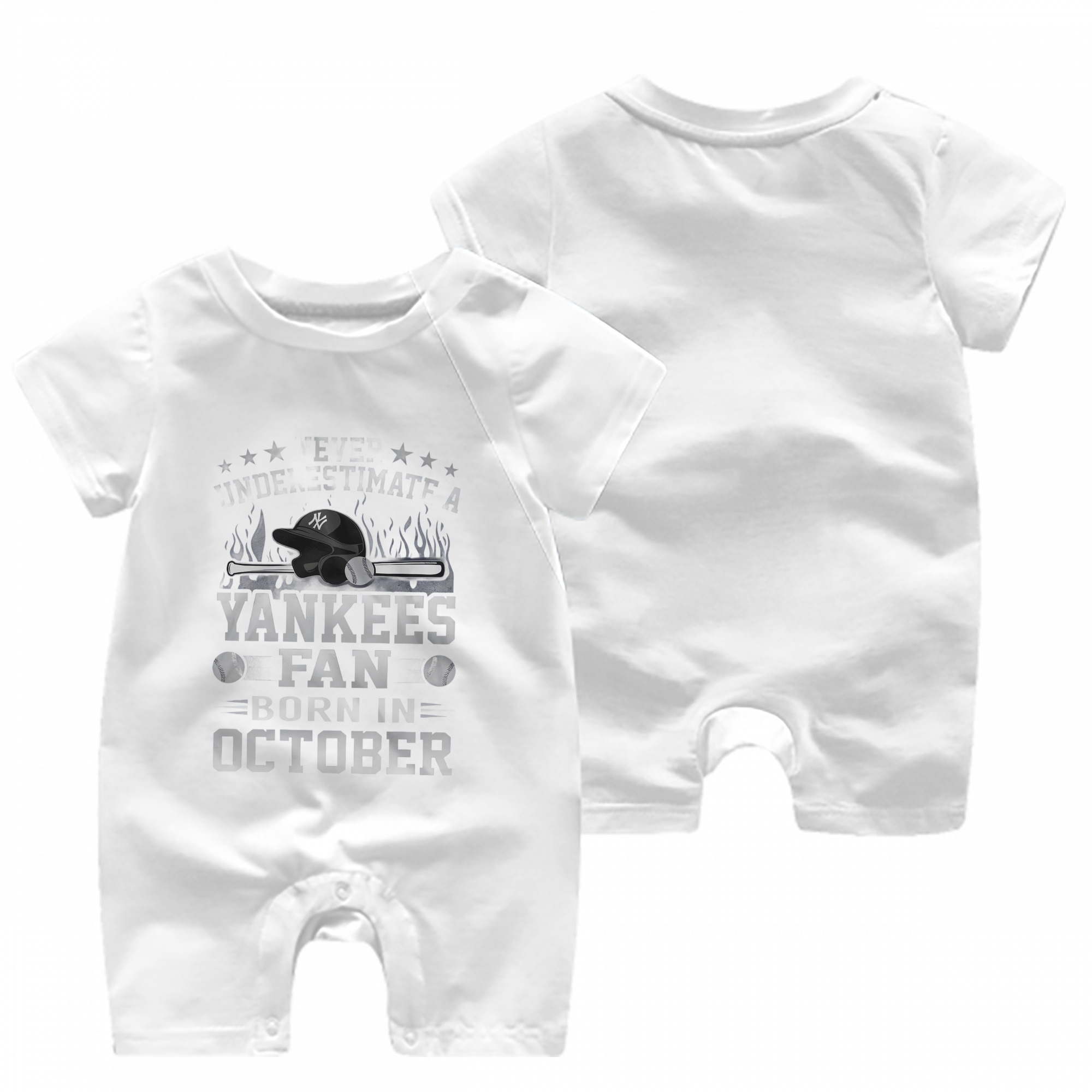 New York Yankees Never Underestimate A Yankees Fan Born in October Baby Short Sleeve Onesie – 100% Cotton Soft & Breathable Digital Print Romper – Double-Sided Print, Snap Closure For Easy Diaper Changes – Comfortable For Boys & Girls