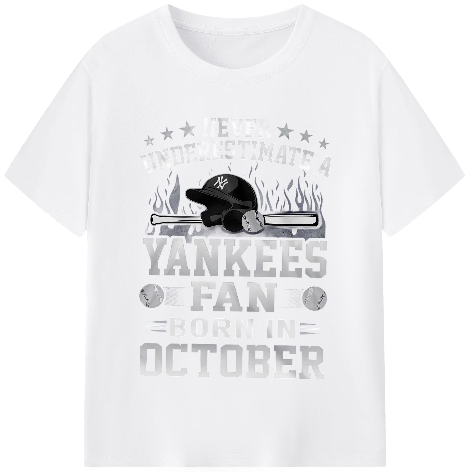 New York Yankees Never Underestimate A Yankees Fan Born in October 180g Cotton T-Shirt With Front Heat Transfer Print – Soft, Lightweight, Fitted Design – Comfortable Casual Wear For Sports & Everyday Use