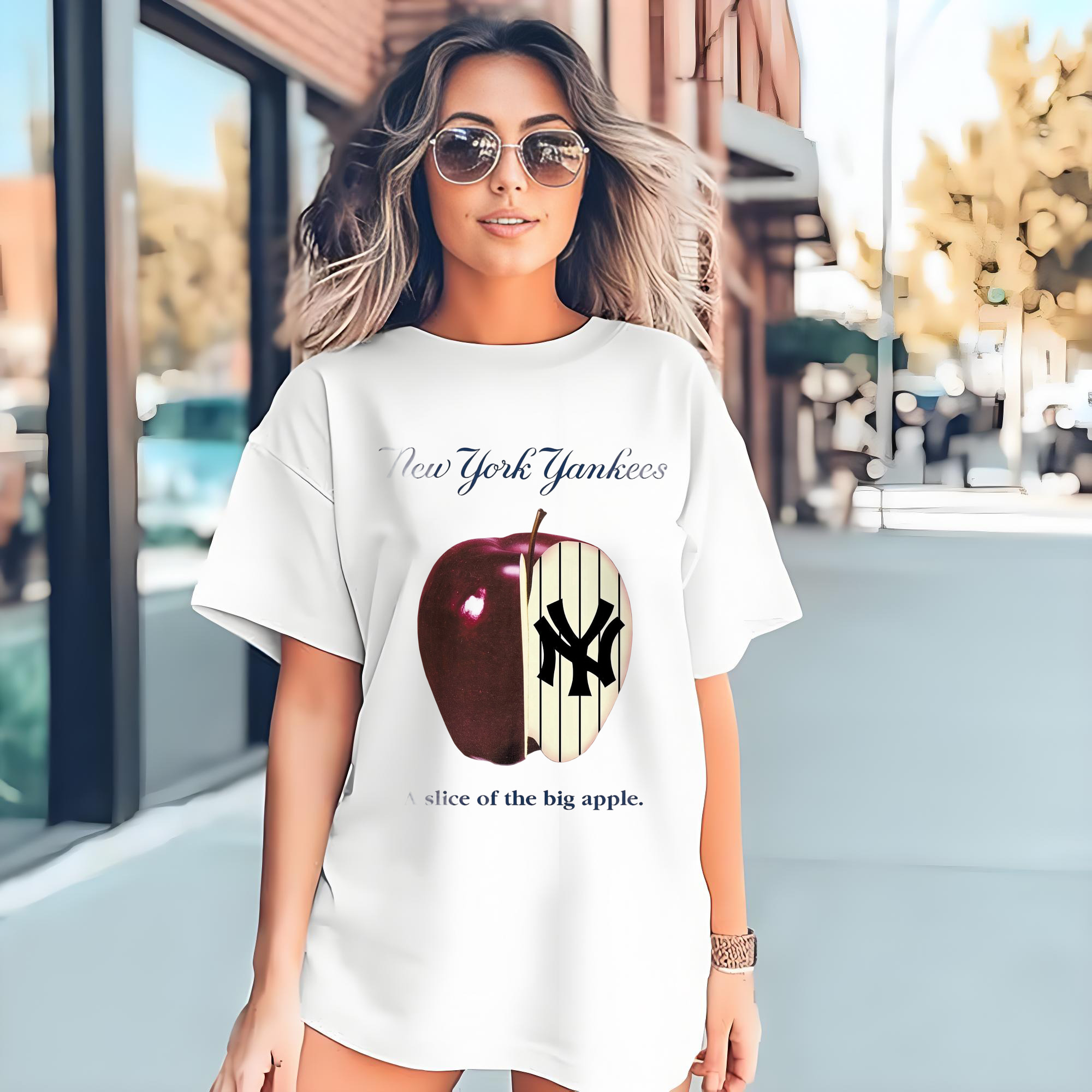 New York Yankees A Slice of The Big Apple 180g Cotton T-Shirt With Front Heat Transfer Print – Soft, Lightweight, Fitted Design – Comfortable Casual Wear For Sports & Everyday Use