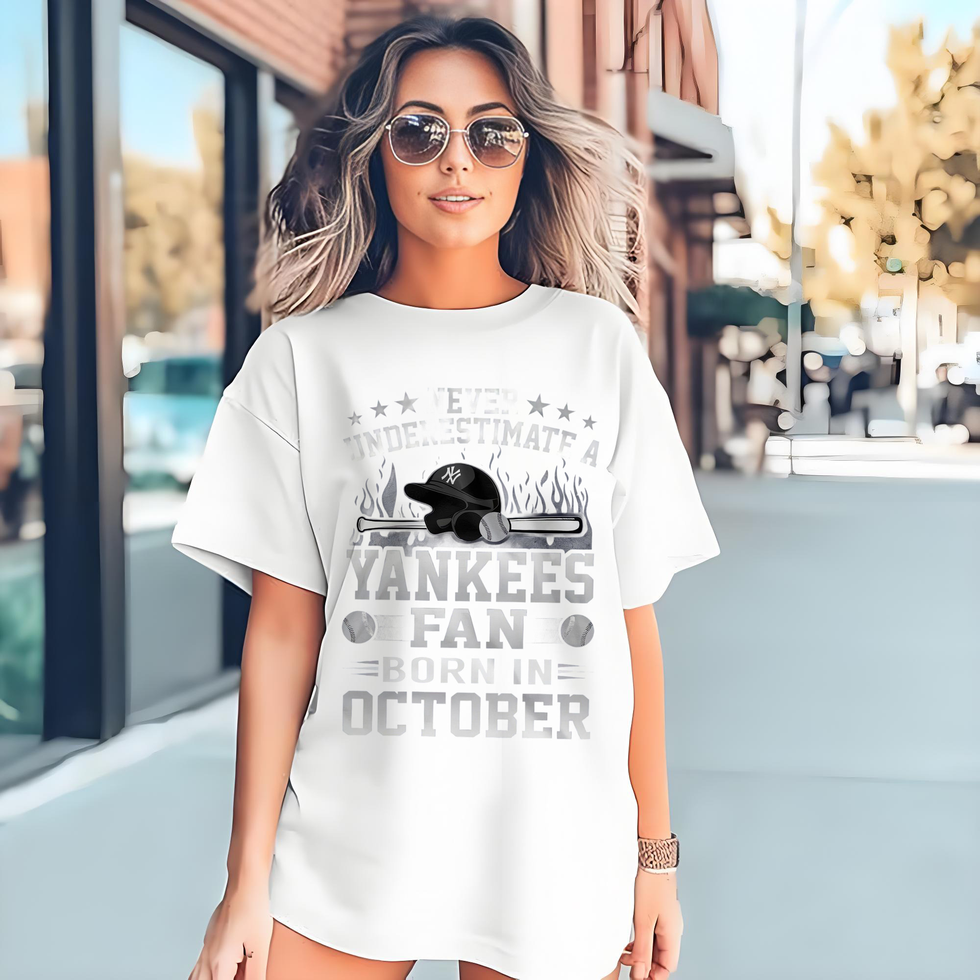 New York Yankees Never Underestimate A Yankees Fan Born in October 180g Cotton T-Shirt With Front Heat Transfer Print – Soft, Lightweight, Fitted Design – Comfortable Casual Wear For Sports & Everyday Use