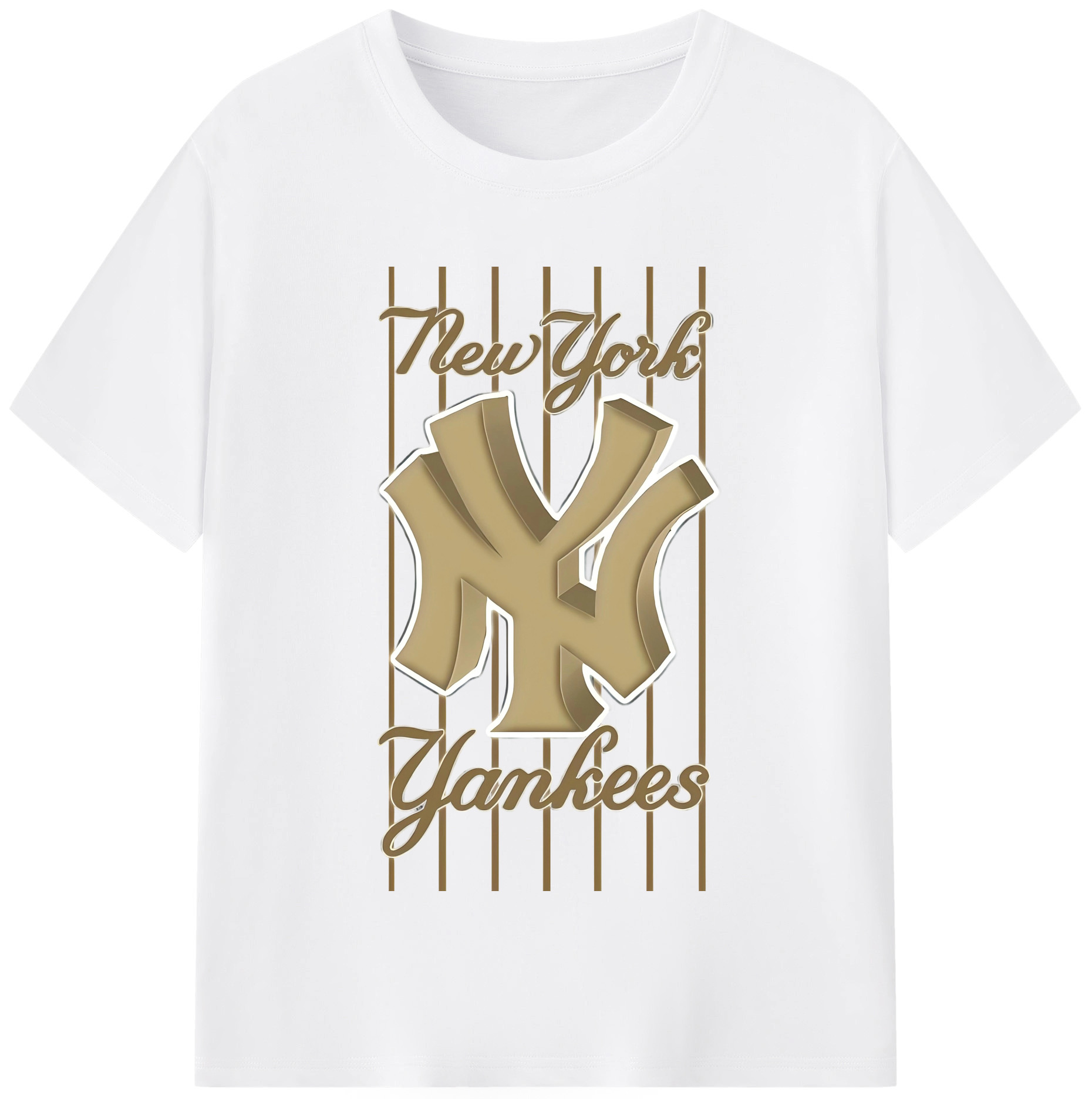 New York Yankees Pinstripe Golden Logo Combed Cotton T-Shirt 180g With Front Heat Transfer Print – Soft, Lightweight, Fitted Design – Stylish Casual Wear For Sports & Everyday Use