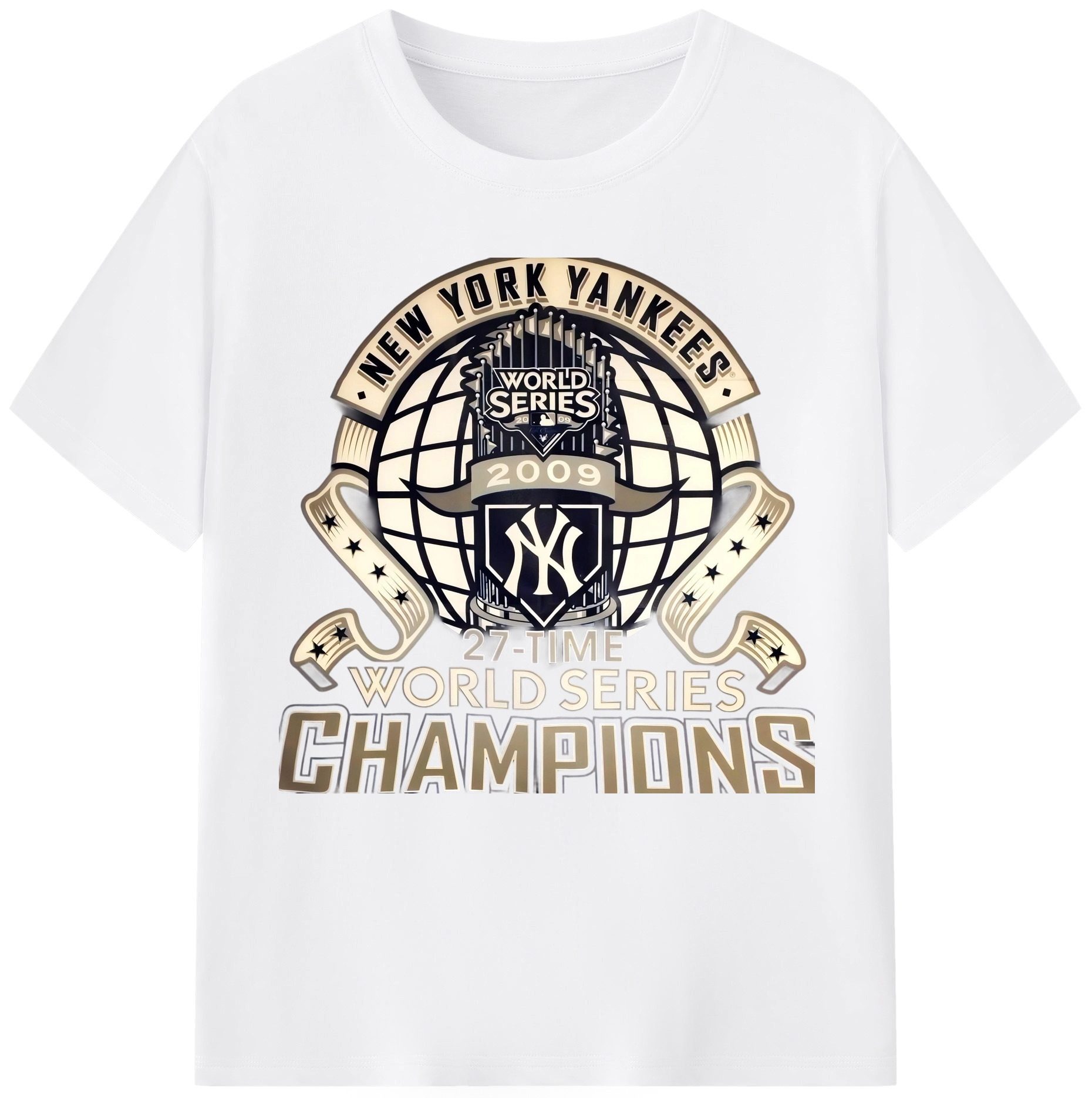 New York Yankees 2009 27th WS Champions Golden Combed Cotton T-Shirt 180g With Front Heat Transfer Print – Soft, Lightweight, Fitted Design – Stylish Casual Wear For Sports & Everyday Use