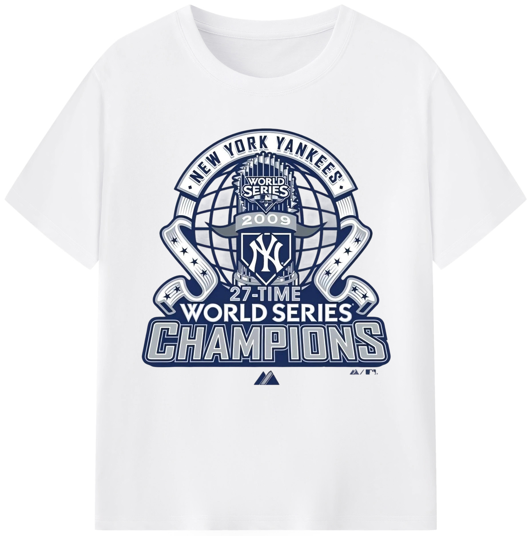 New York Yankees 2009 27th WS Champions Blue Combed Cotton T-Shirt 180g With Front Heat Transfer Print – Soft, Lightweight, Fitted Design – Stylish Casual Wear For Sports & Everyday Use