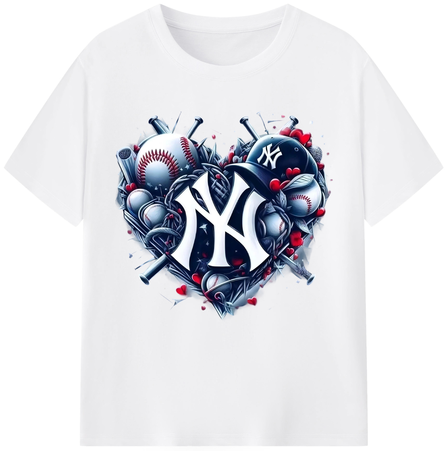 New York Yankees Heart Combed Cotton T-Shirt 180g With Front Heat Transfer Print – Soft, Lightweight, Fitted Design – Stylish Casual Wear For Sports & Everyday Use