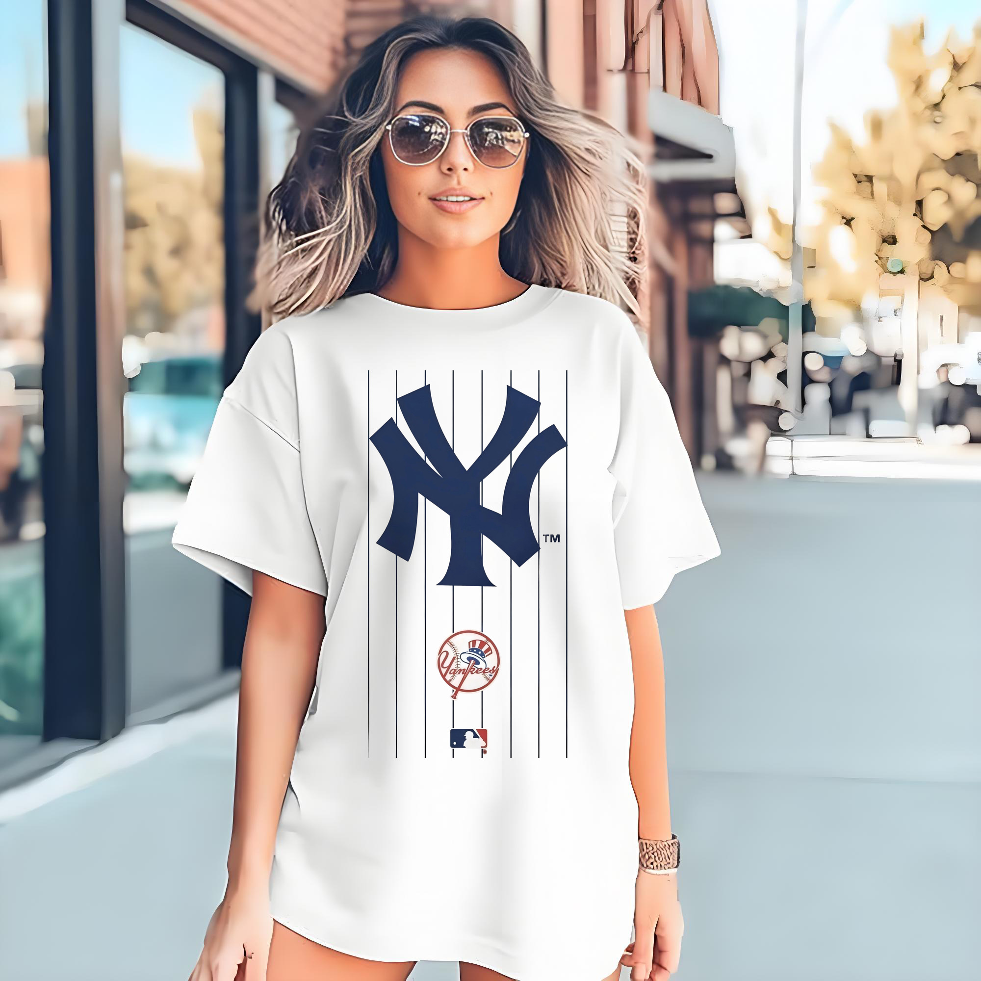 New York Yankees Pinstripe Logo Combed Cotton T-Shirt 180g With Front Heat Transfer Print – Soft, Lightweight, Fitted Design – Stylish Casual Wear For Sports & Everyday Use