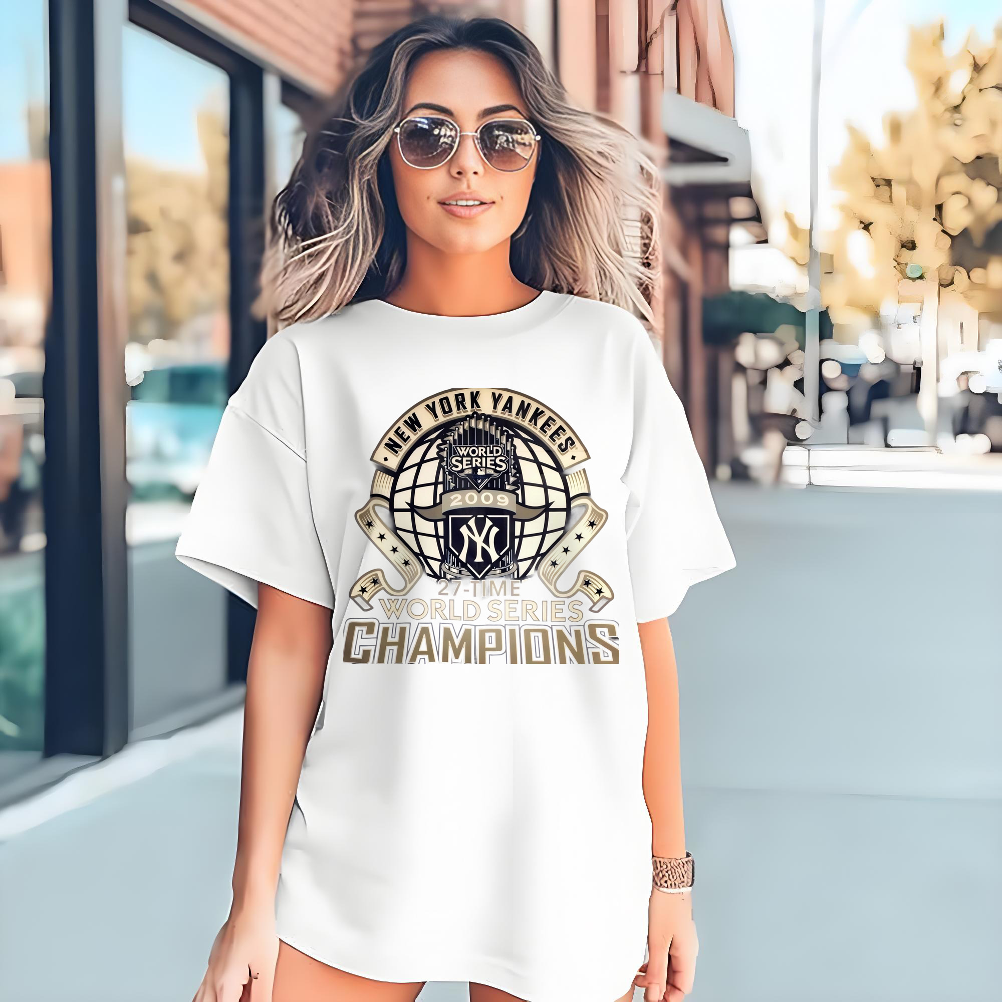 New York Yankees 2009 27th WS Champions Golden Combed Cotton T-Shirt 180g With Front Heat Transfer Print – Soft, Lightweight, Fitted Design – Stylish Casual Wear For Sports & Everyday Use