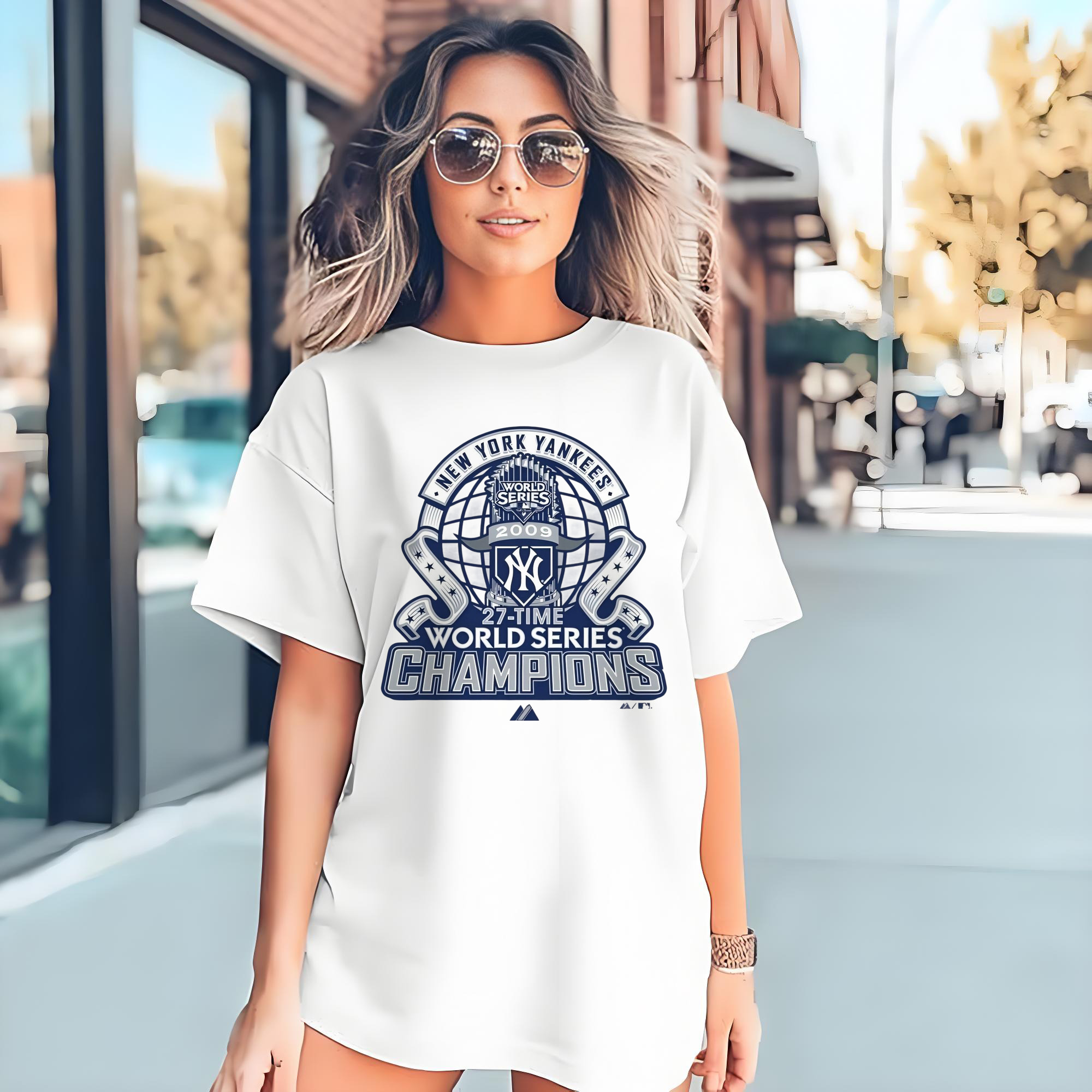 New York Yankees 2009 27th WS Champions Blue Combed Cotton T-Shirt 180g With Front Heat Transfer Print – Soft, Lightweight, Fitted Design – Stylish Casual Wear For Sports & Everyday Use