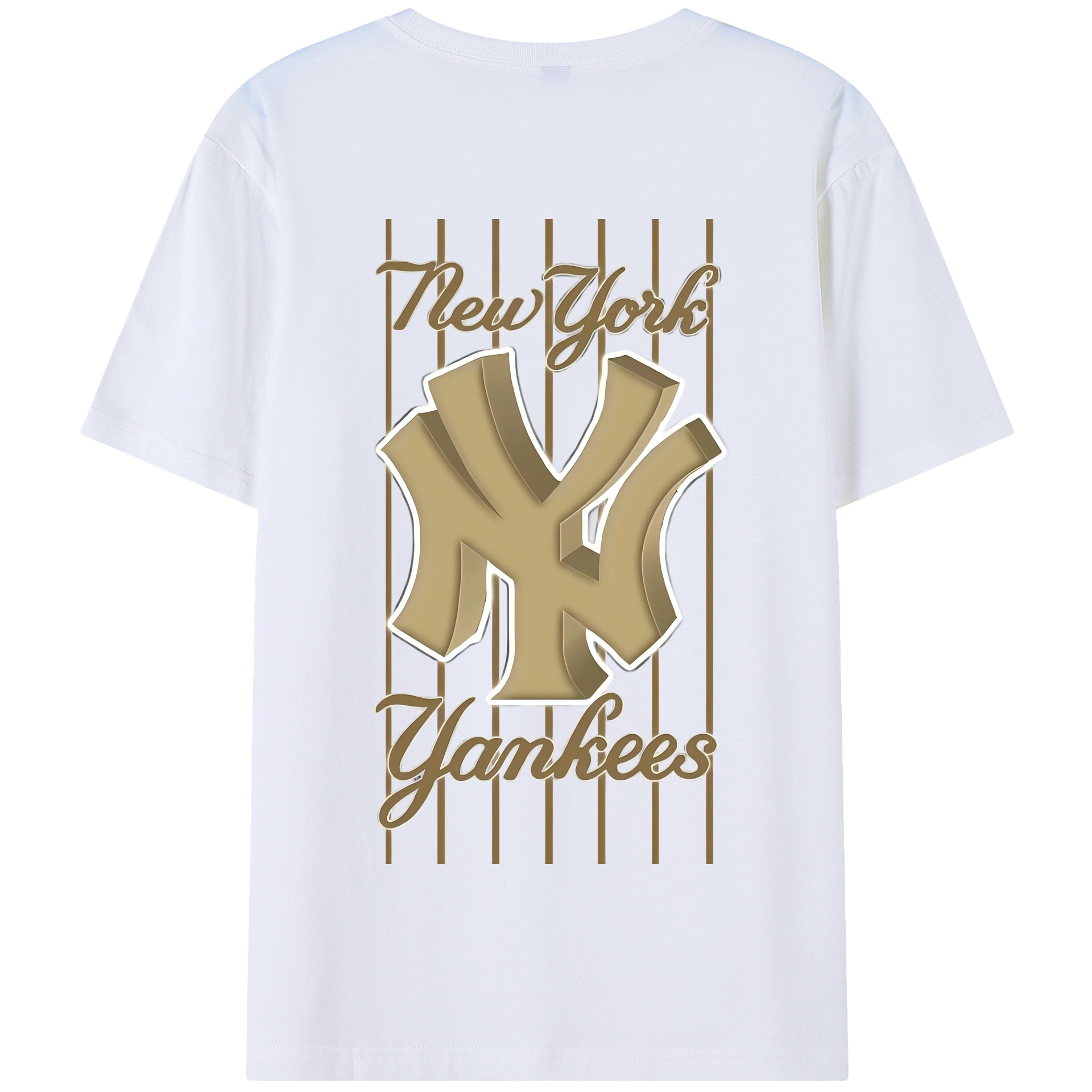 New York Yankees Pinstripe Golden Logo 180g Combed Cotton T-Shirt With Back Heat Transfer Print – Soft, Lightweight, Fitted Design – Stylish Casual Wear For Sports & Everyday Use