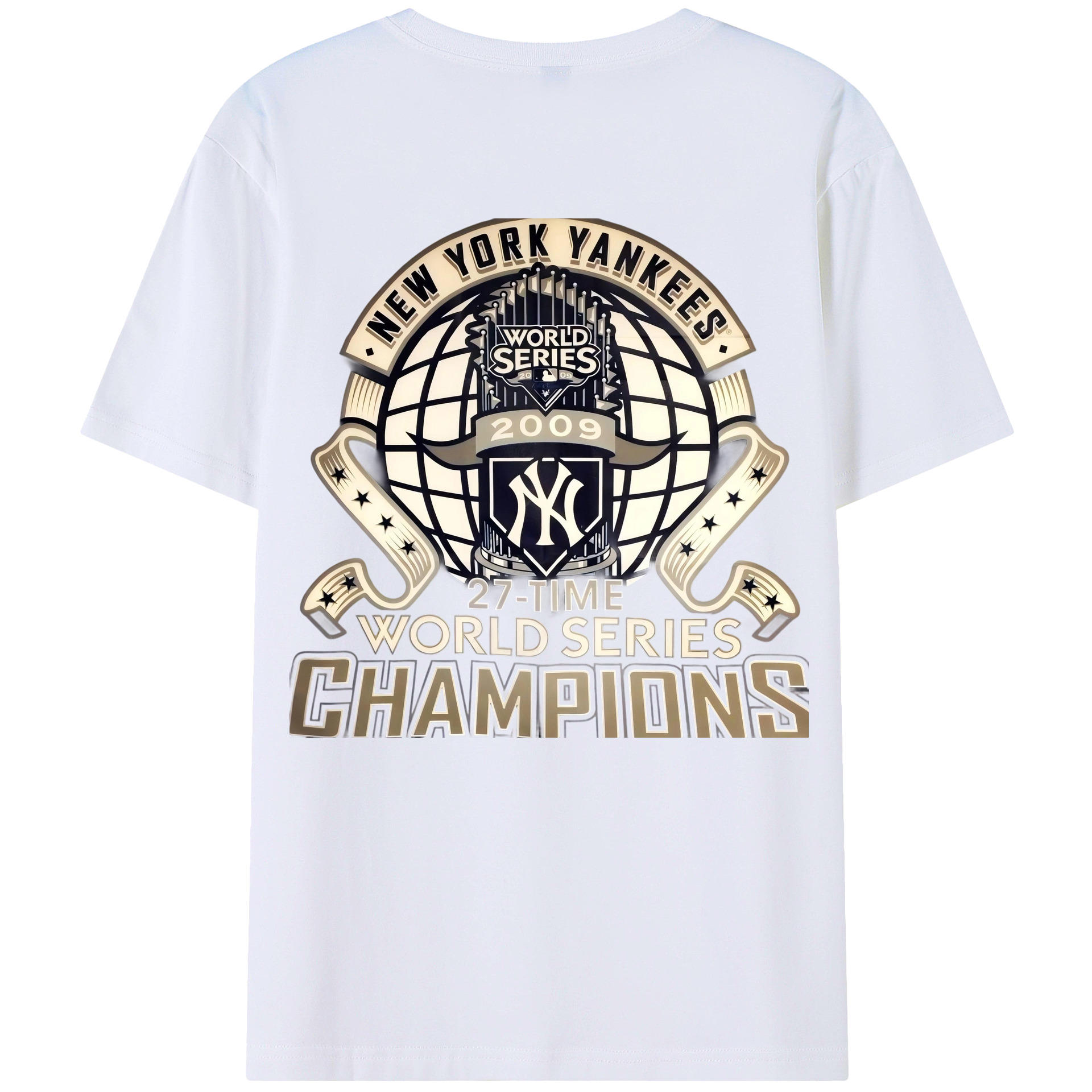 New York Yankees 2009 27th WS Champions Golden 180g Combed Cotton T-Shirt With Back Heat Transfer Print – Soft, Lightweight, Fitted Design – Stylish Casual Wear For Sports & Everyday Use
