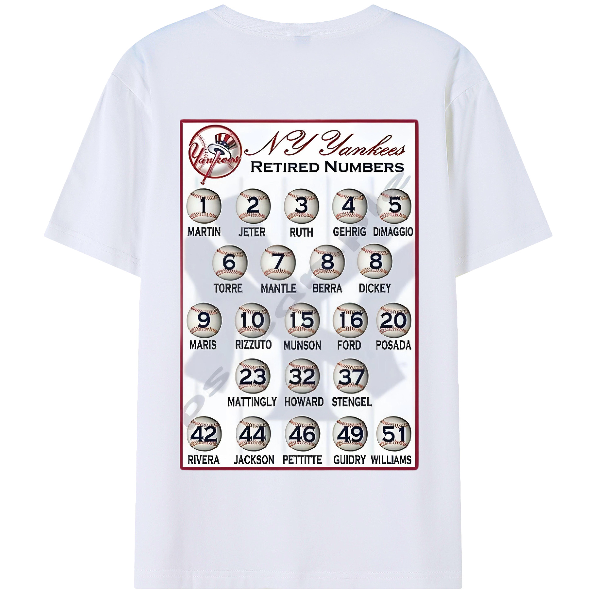 New York Yankees Retired Numbers 180g Combed Cotton T-Shirt With Back Heat Transfer Print – Soft, Lightweight, Fitted Design – Stylish Casual Wear For Sports & Everyday Use