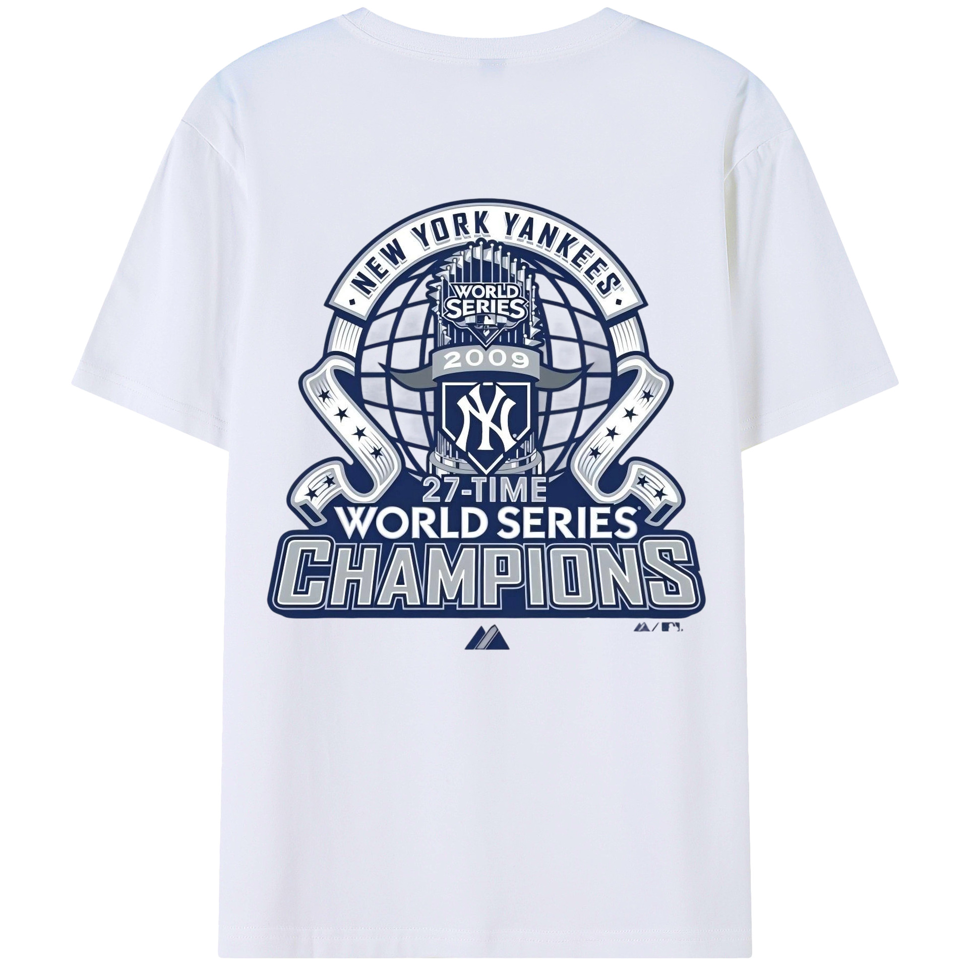 New York Yankees 2009 27th WS Champions Blue 180g Combed Cotton T-Shirt With Back Heat Transfer Print – Soft, Lightweight, Fitted Design – Stylish Casual Wear For Sports & Everyday Use