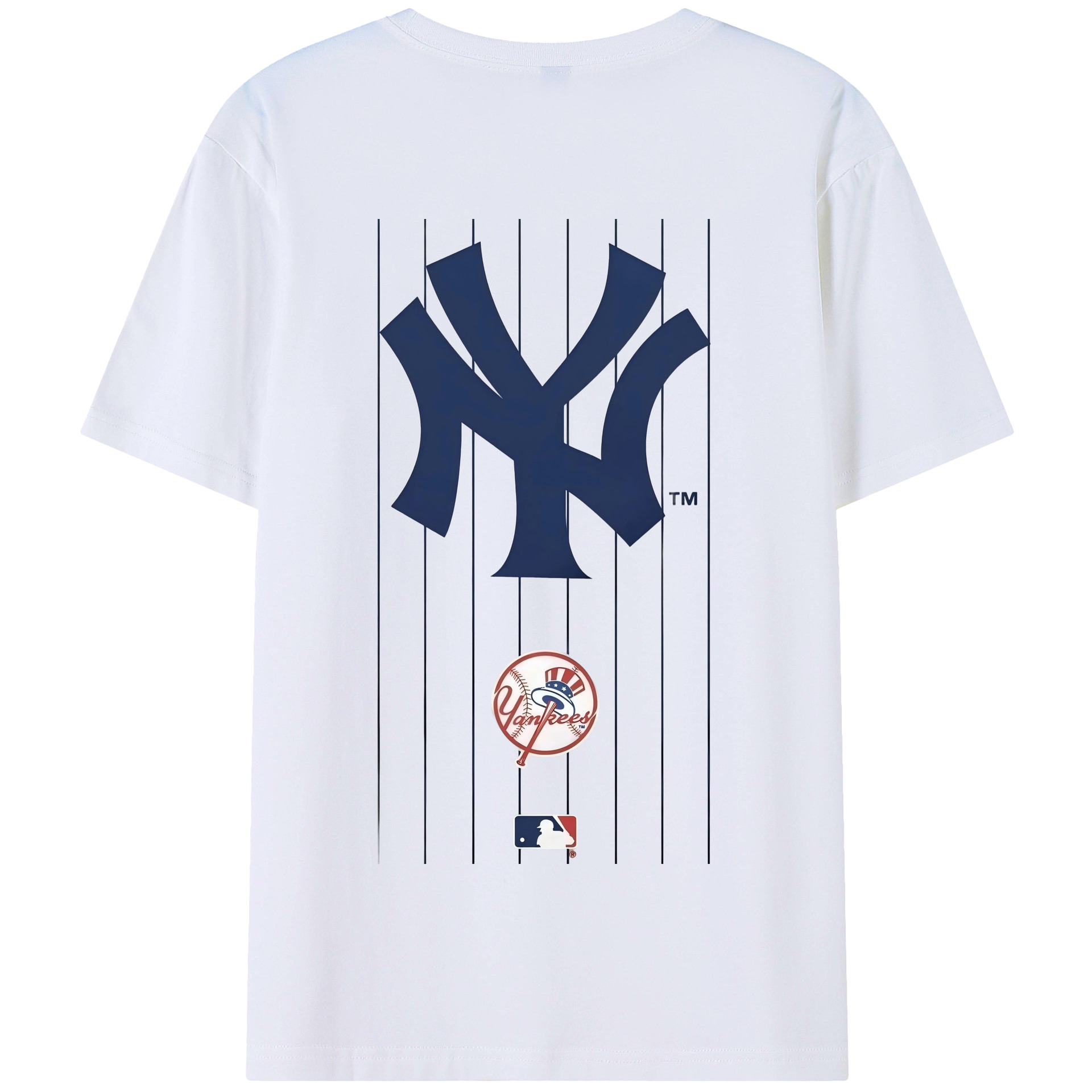 New York Yankees Pinstripe Logo 180g Combed Cotton T-Shirt With Back Heat Transfer Print – Soft, Lightweight, Fitted Design – Stylish Casual Wear For Sports & Everyday Use