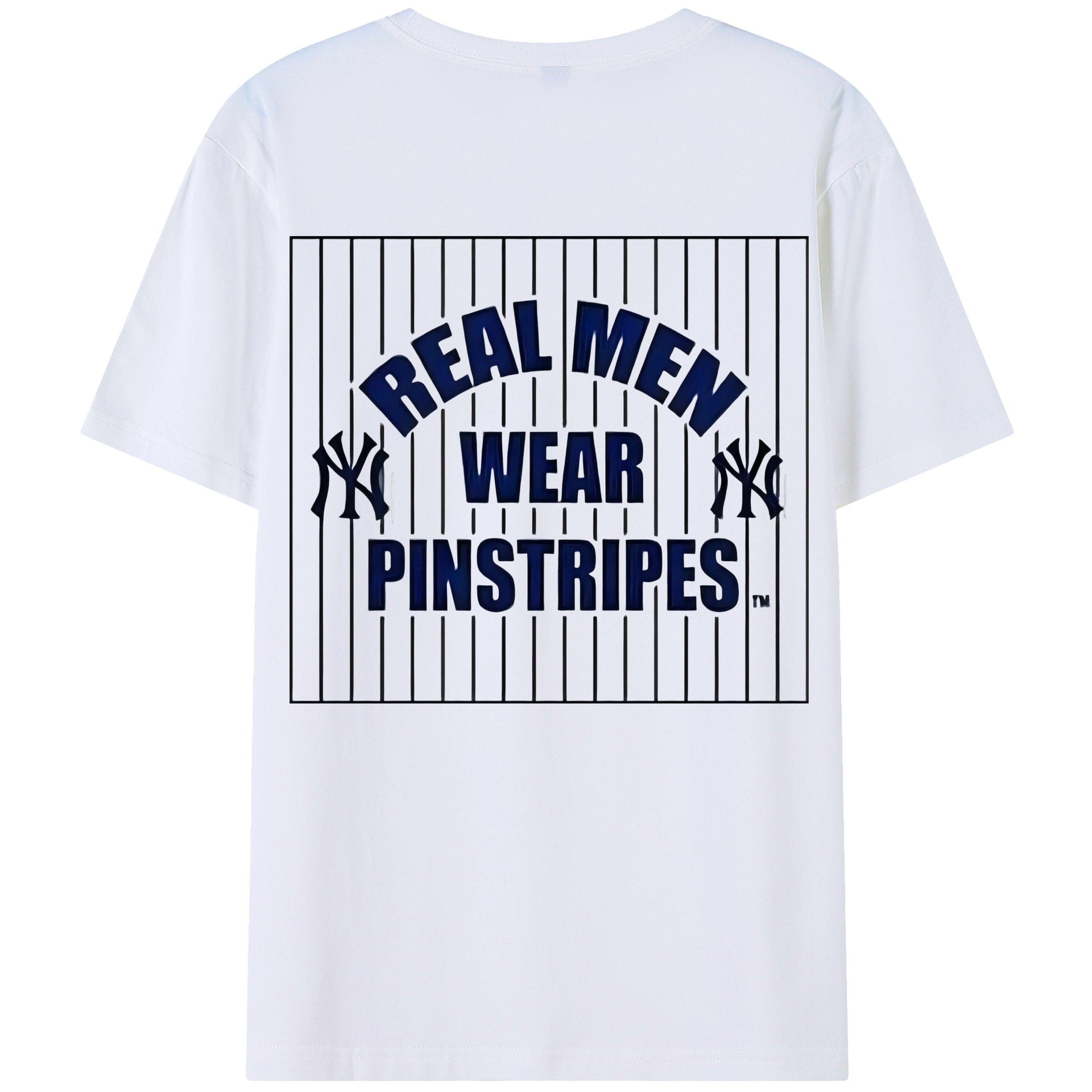 New York Yankees Real Men Wear Pinstripes 180g Combed Cotton T-Shirt With Back Heat Transfer Print – Soft, Lightweight, Fitted Design – Stylish Casual Wear For Sports & Everyday Use