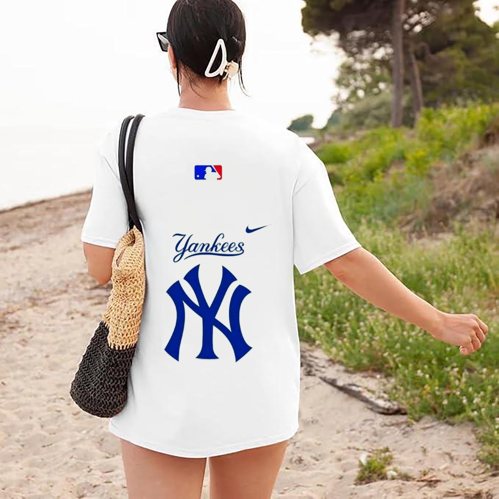 New York Yankees Blue Logo 180g Combed Cotton T-Shirt With Back Heat Transfer Print – Soft, Lightweight, Fitted Design – Stylish Casual Wear For Sports & Everyday Use