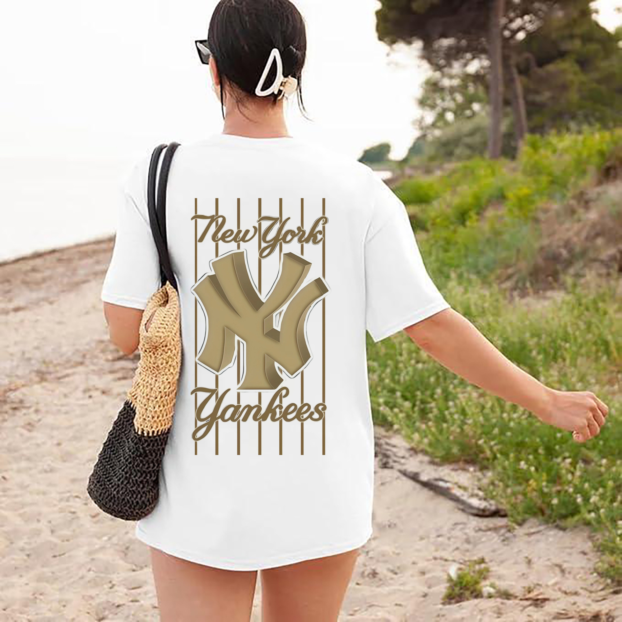 New York Yankees Pinstripe Golden Logo 180g Combed Cotton T-Shirt With Back Heat Transfer Print – Soft, Lightweight, Fitted Design – Stylish Casual Wear For Sports & Everyday Use