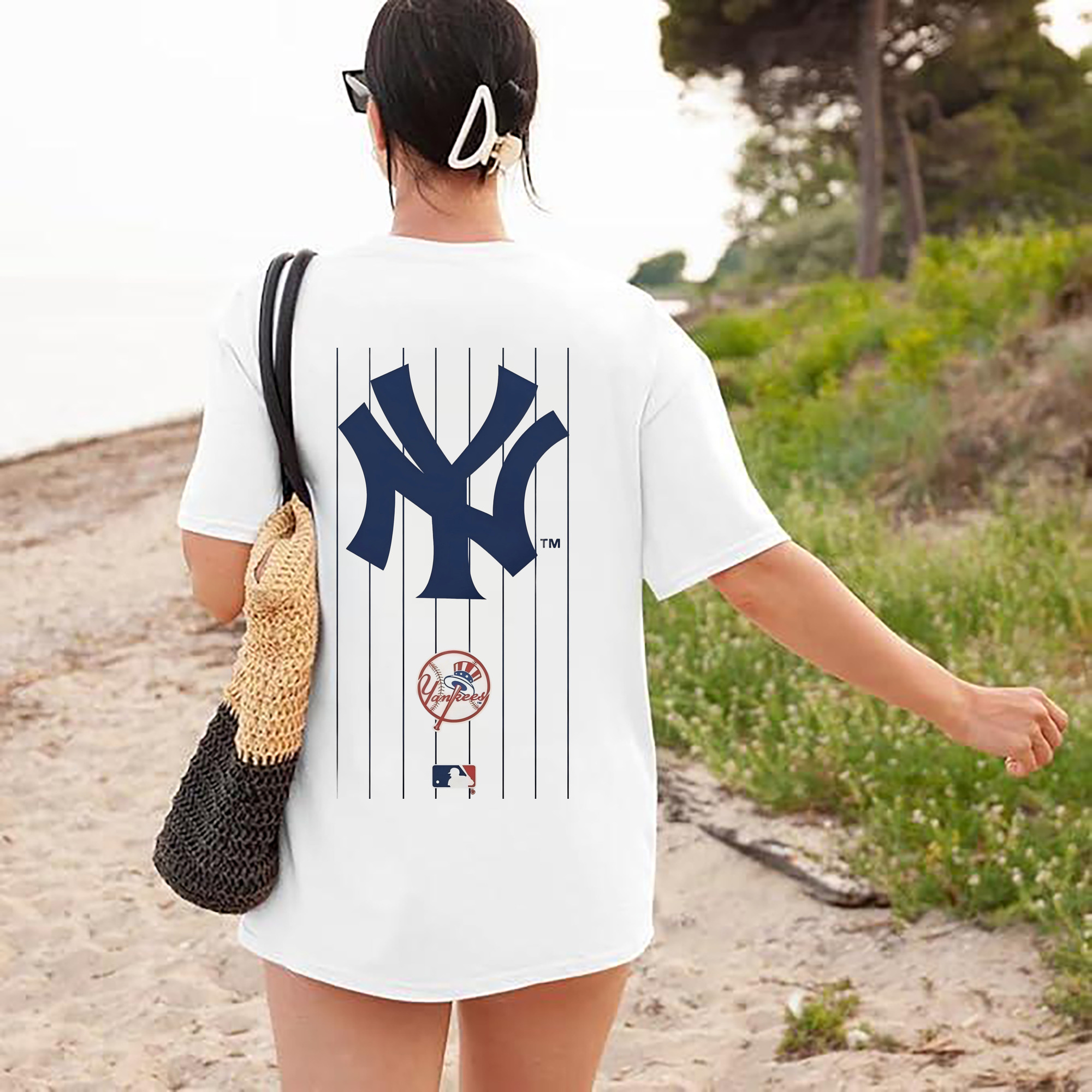 New York Yankees Pinstripe Logo 180g Combed Cotton T-Shirt With Back Heat Transfer Print – Soft, Lightweight, Fitted Design – Stylish Casual Wear For Sports & Everyday Use