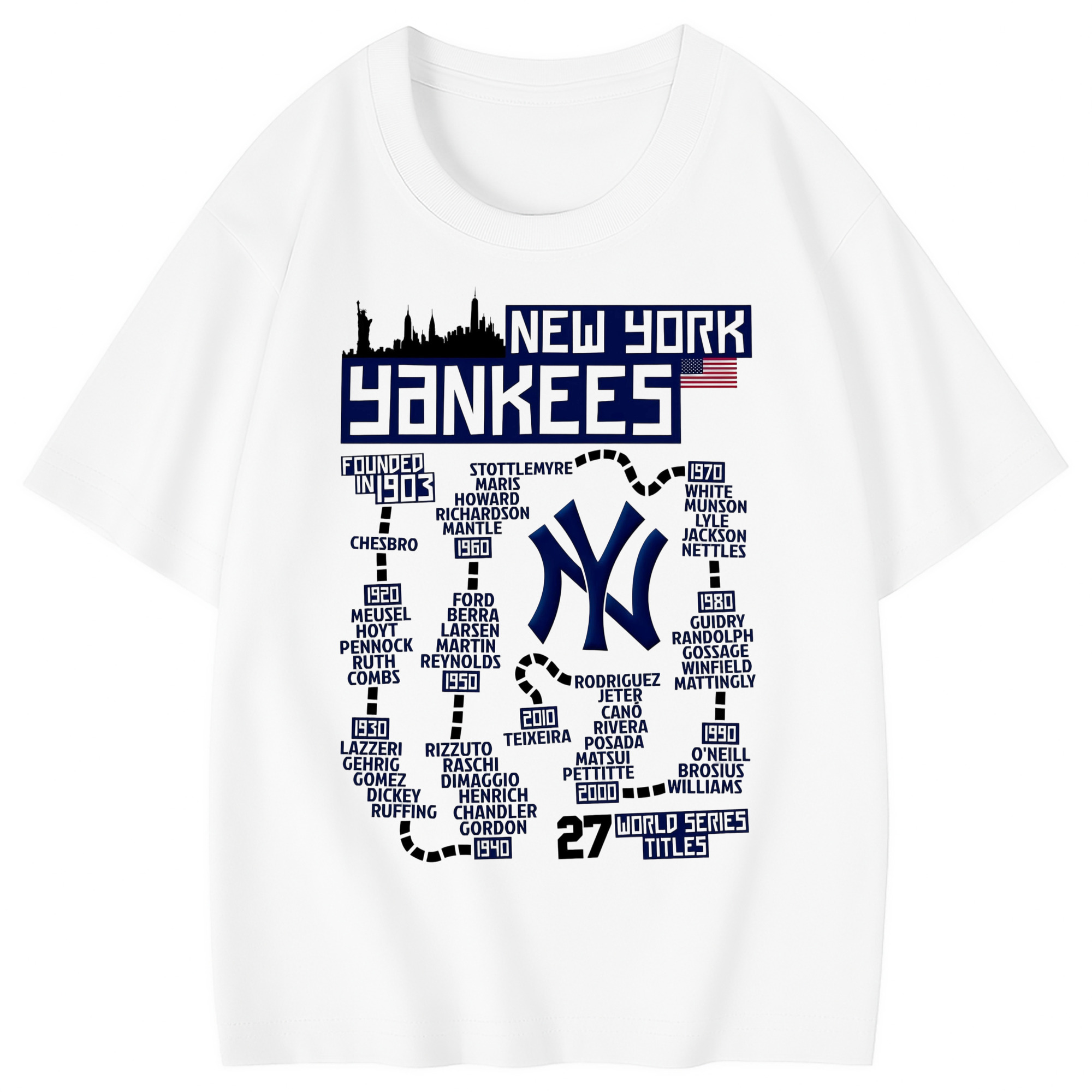 New York Yankees 27 World Series Titles Combed Cotton Kids T-Shirt 180g With Front Heat Transfer Print – Soft, Lightweight, Side-Seamed Design – Stylish And Comfortable Casual Wear For Everyday Activities