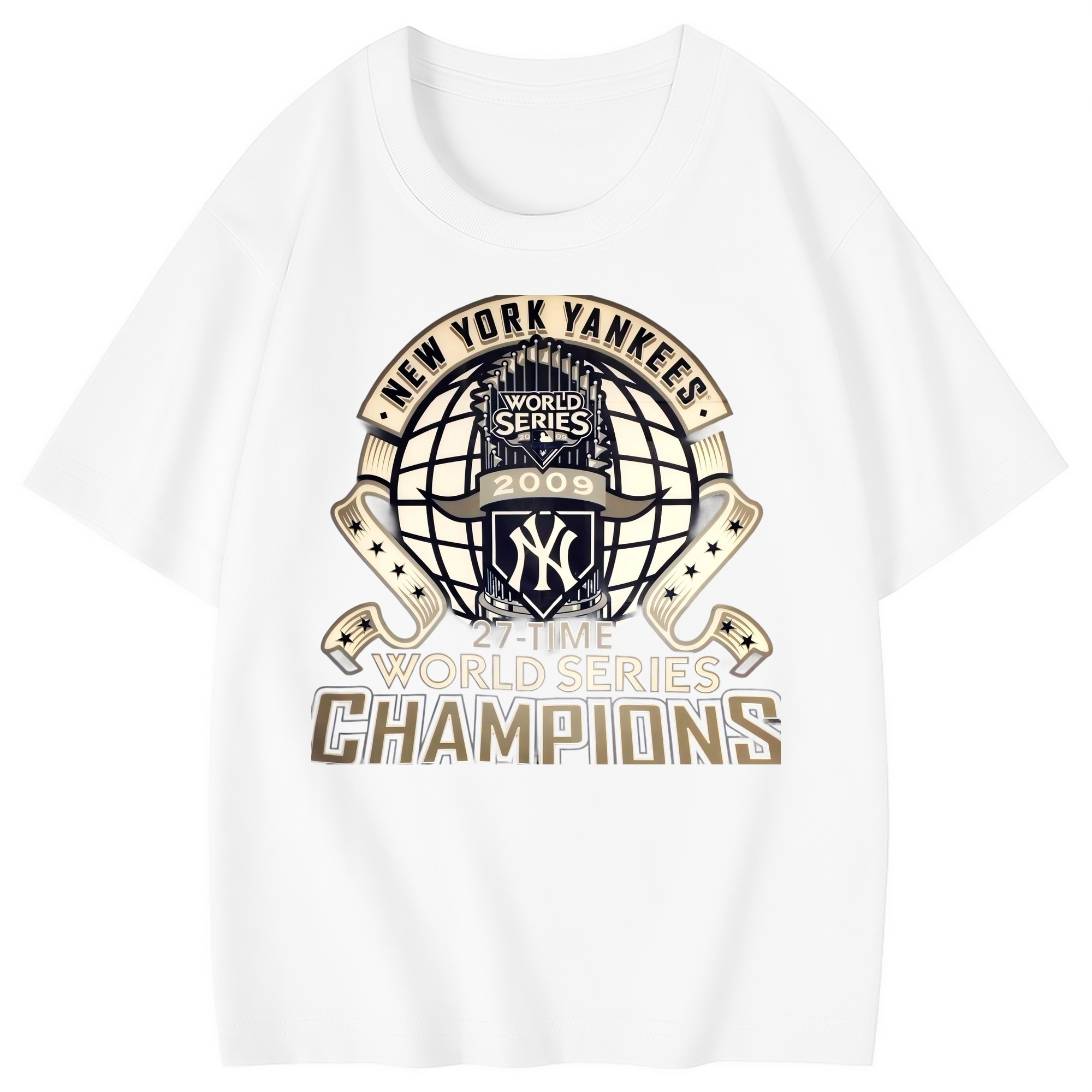 New York Yankees 2009 27th WS Champions Golden Combed Cotton Kids T-Shirt 180g With Front Heat Transfer Print – Soft, Lightweight, Side-Seamed Design – Stylish And Comfortable Casual Wear For Everyday Activities