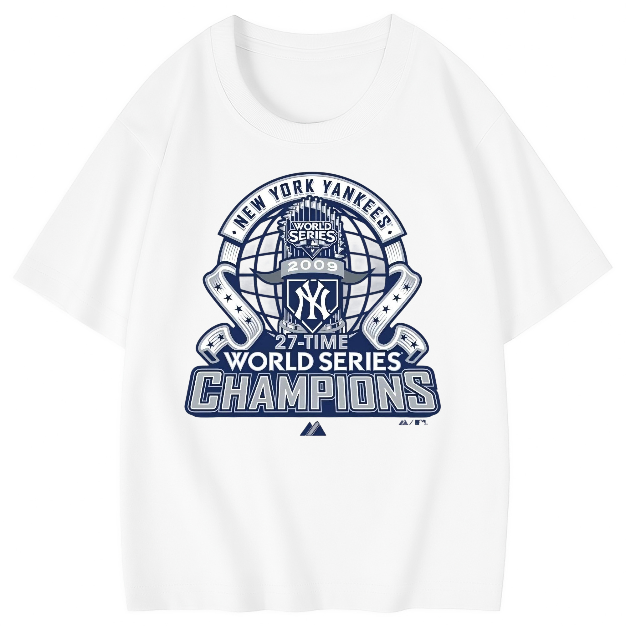 New York Yankees 2009 27th WS Champions Blue Combed Cotton Kids T-Shirt 180g With Front Heat Transfer Print – Soft, Lightweight, Side-Seamed Design – Stylish And Comfortable Casual Wear For Everyday Activities