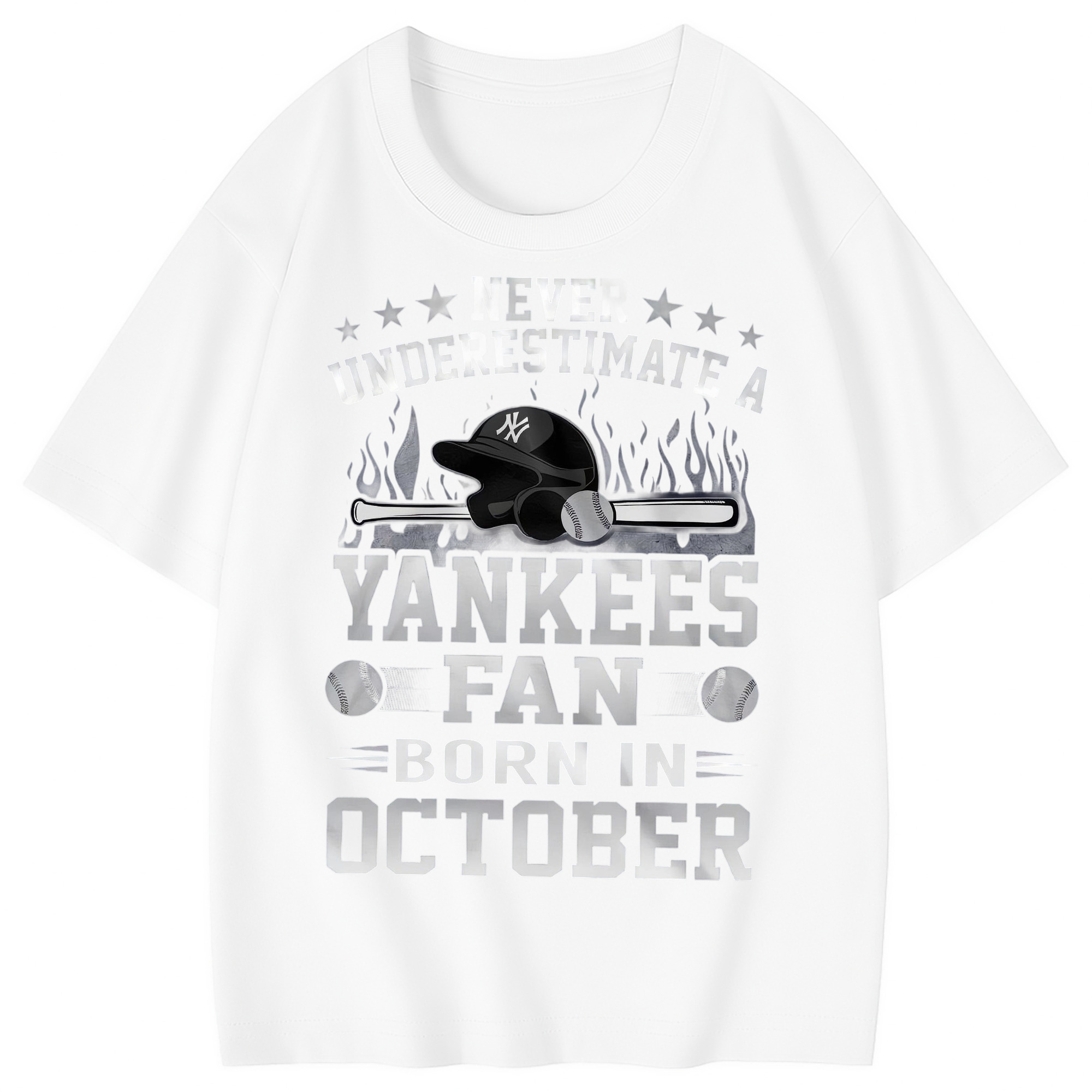 New York Yankees Never Underestimate A Yankees Fan Born in October Combed Cotton Kids T-Shirt 180g With Front Heat Transfer Print – Soft, Lightweight, Side-Seamed Design – Stylish And Comfortable Casual Wear For Everyday Activities