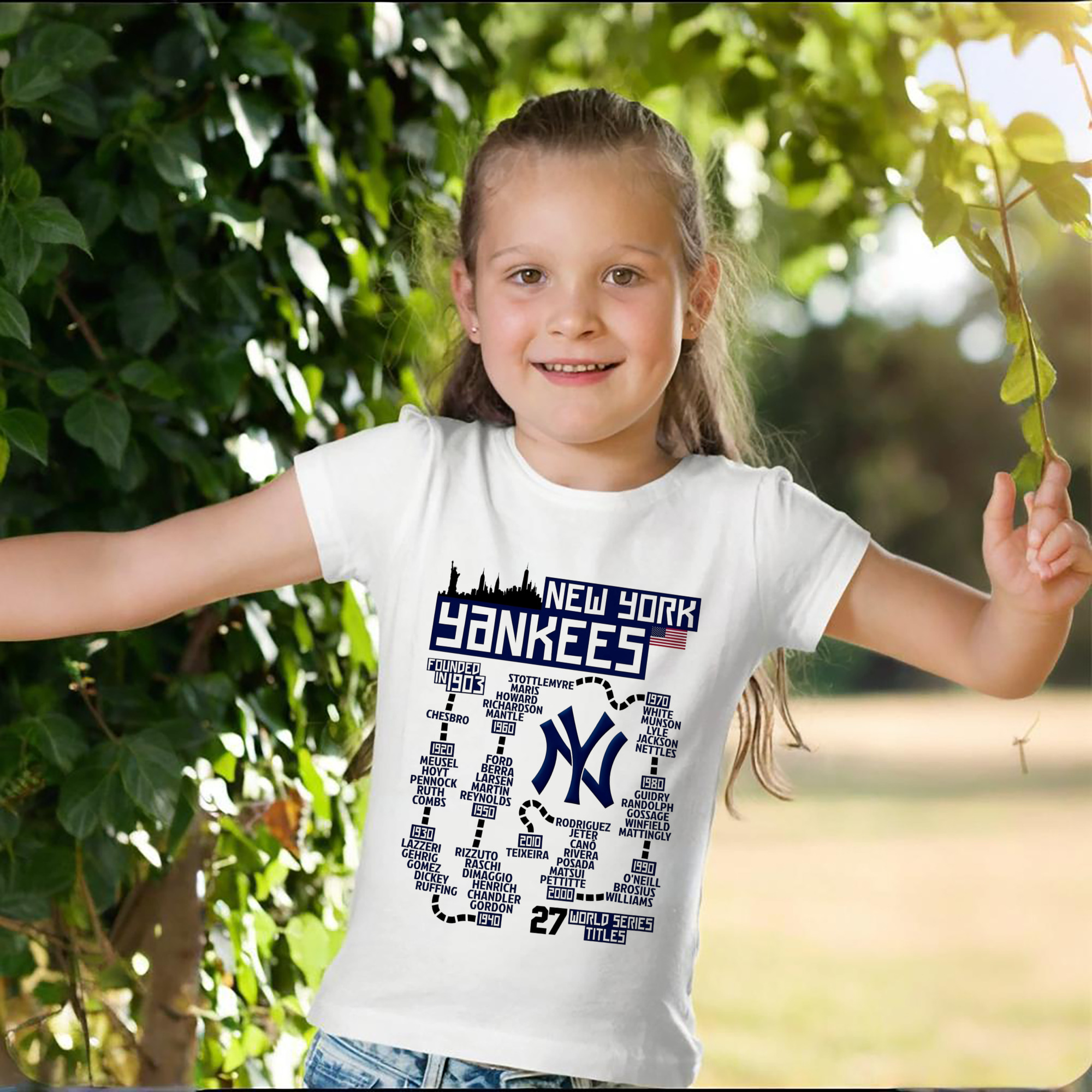 New York Yankees 27 World Series Titles Combed Cotton Kids T-Shirt 180g With Front Heat Transfer Print – Soft, Lightweight, Side-Seamed Design – Stylish And Comfortable Casual Wear For Everyday Activities