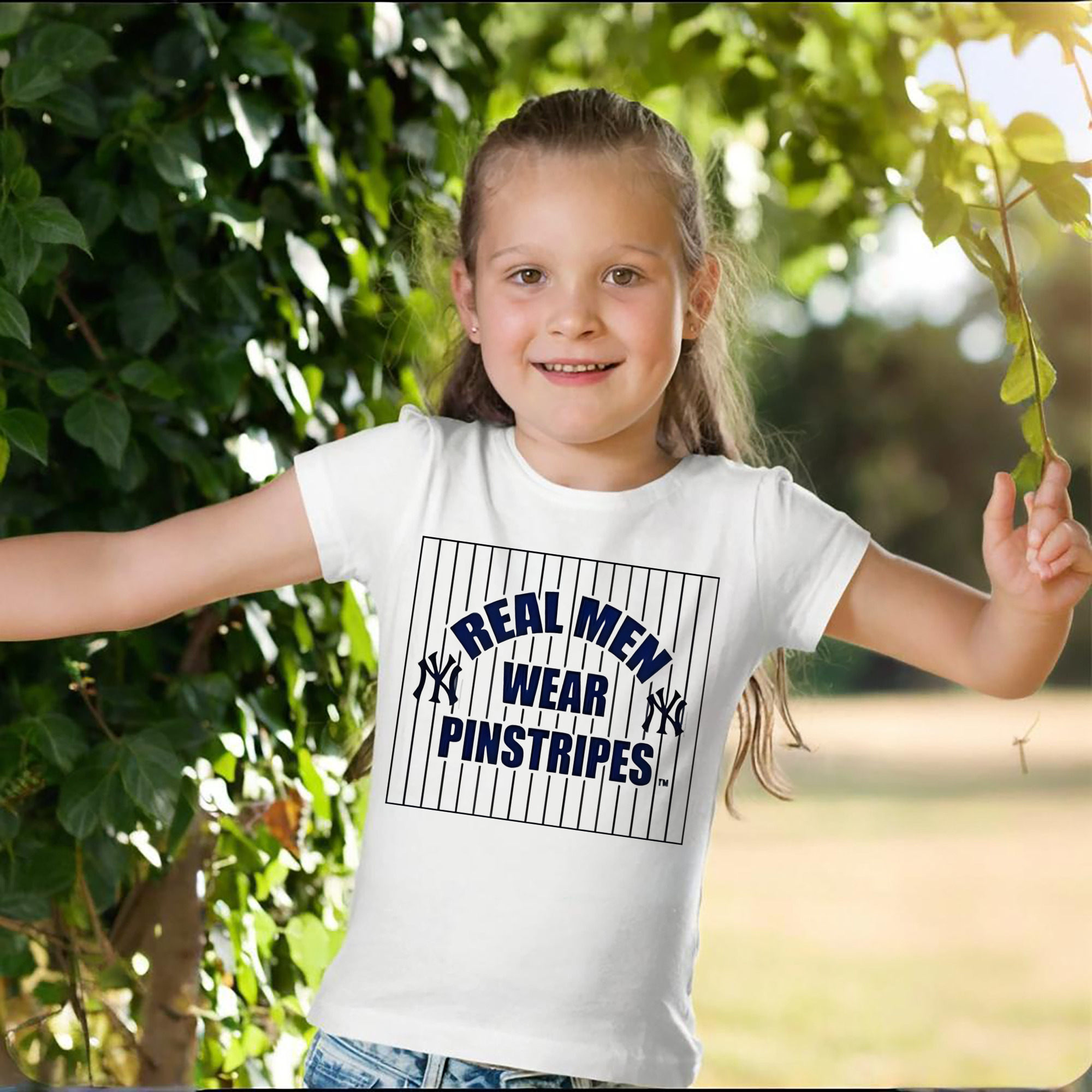 New York Yankees Real Men Wear Pinstripes Combed Cotton Kids T-Shirt 180g With Front Heat Transfer Print – Soft, Lightweight, Side-Seamed Design – Stylish And Comfortable Casual Wear For Everyday Activities