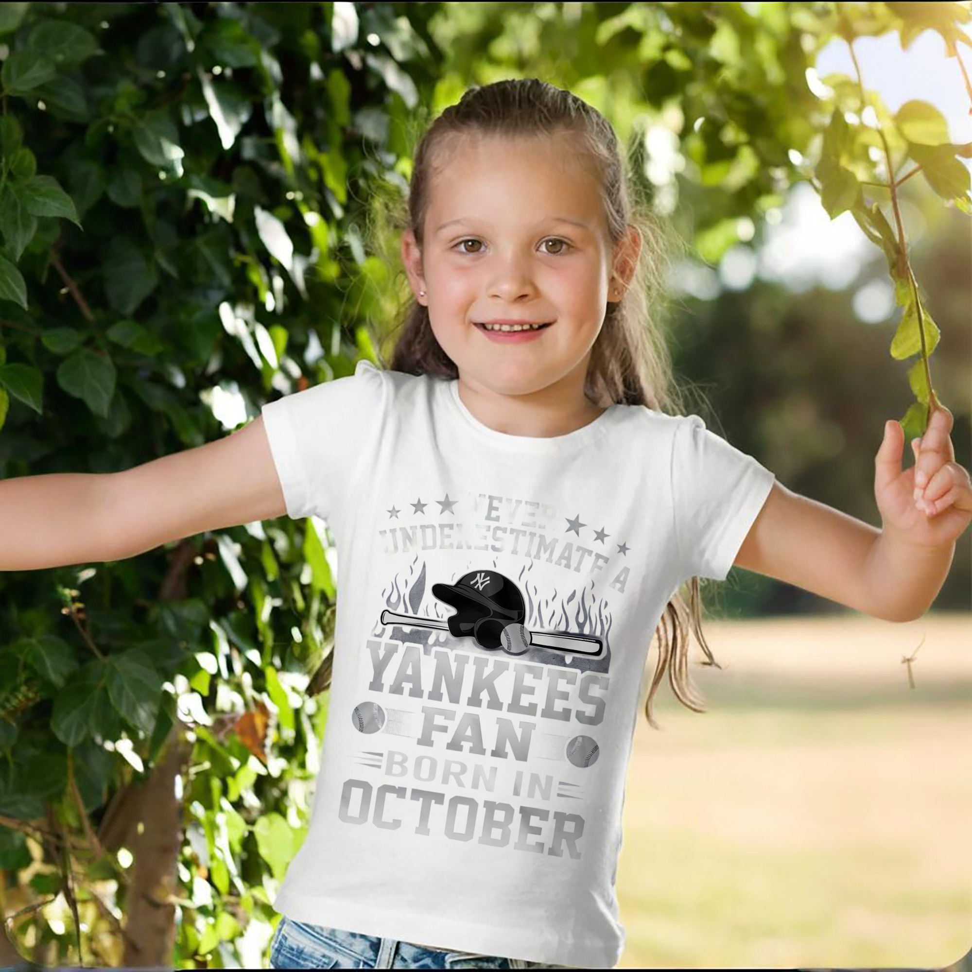 New York Yankees Never Underestimate A Yankees Fan Born in October Combed Cotton Kids T-Shirt 180g With Front Heat Transfer Print – Soft, Lightweight, Side-Seamed Design – Stylish And Comfortable Casual Wear For Everyday Activities