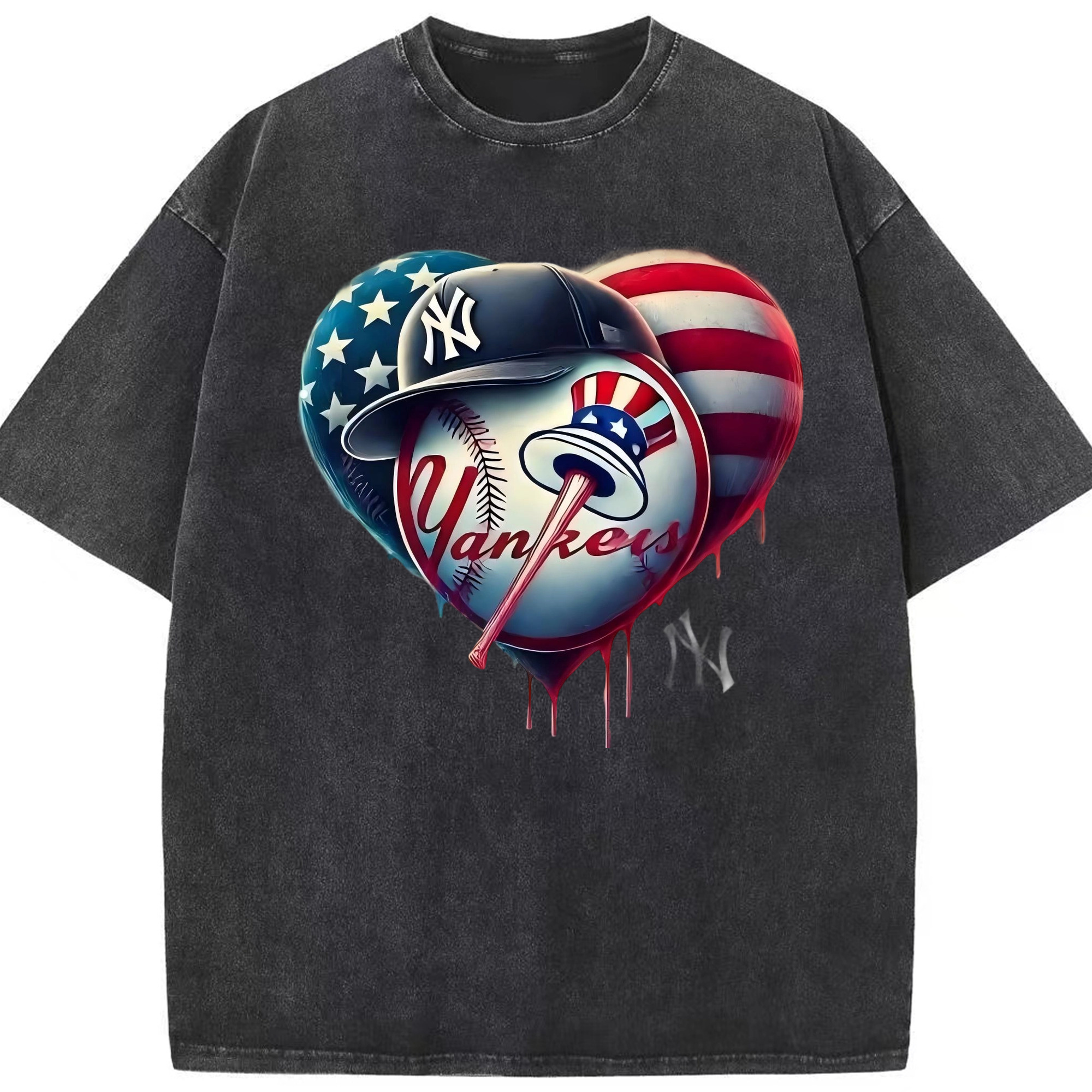 New York Yankees Heart Washed Vintage Look 230g Cotton Oversized T-Shirt With Front Heat Transfer Print – Soft, Lightweight, Stylish Fit – Comfortable Casual Wear For Sports & Everyday Use