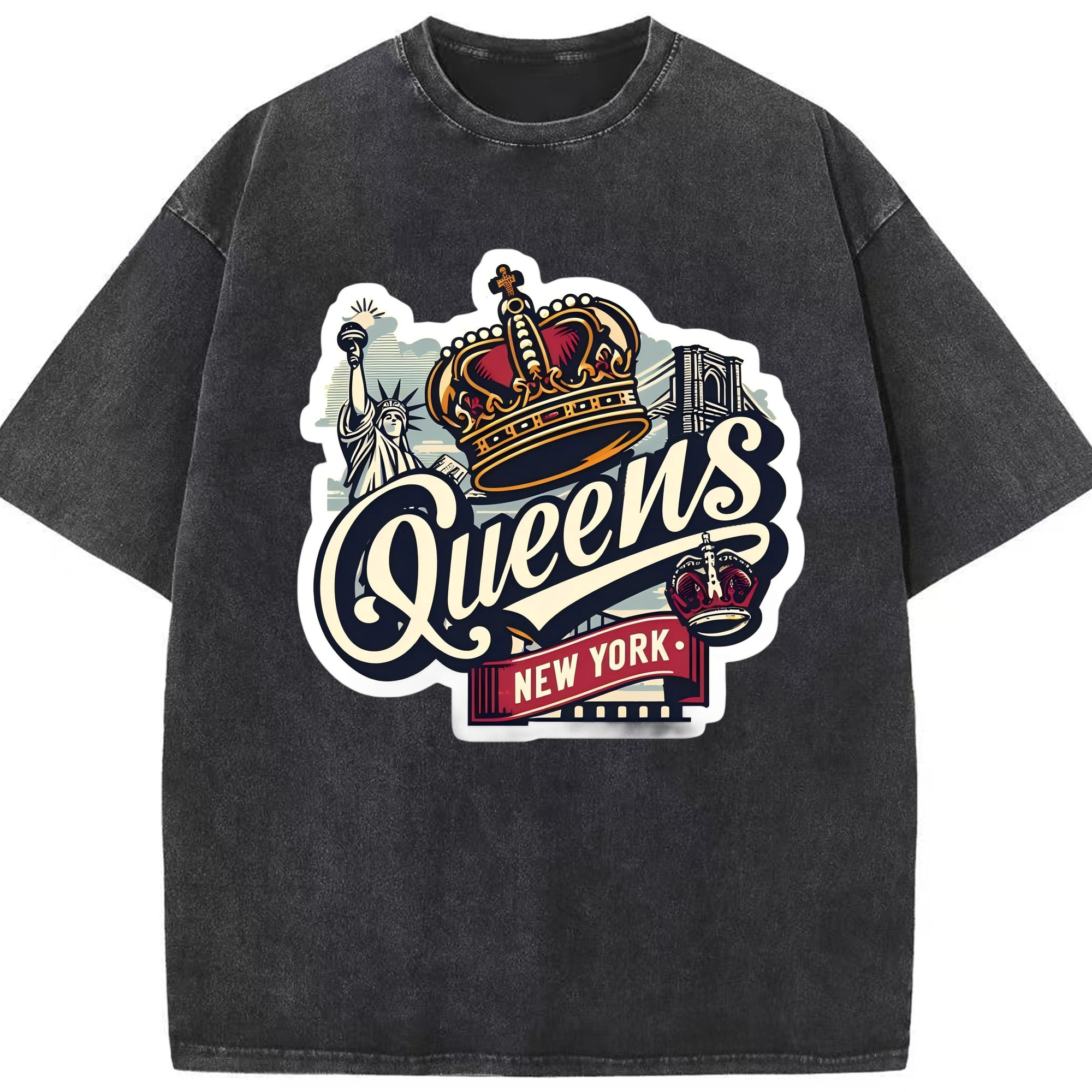 New York Yankees New York Queens Washed Vintage Look 230g Cotton Oversized T-Shirt With Front Heat Transfer Print – Soft, Lightweight, Stylish Fit – Comfortable Casual Wear For Sports & Everyday Use