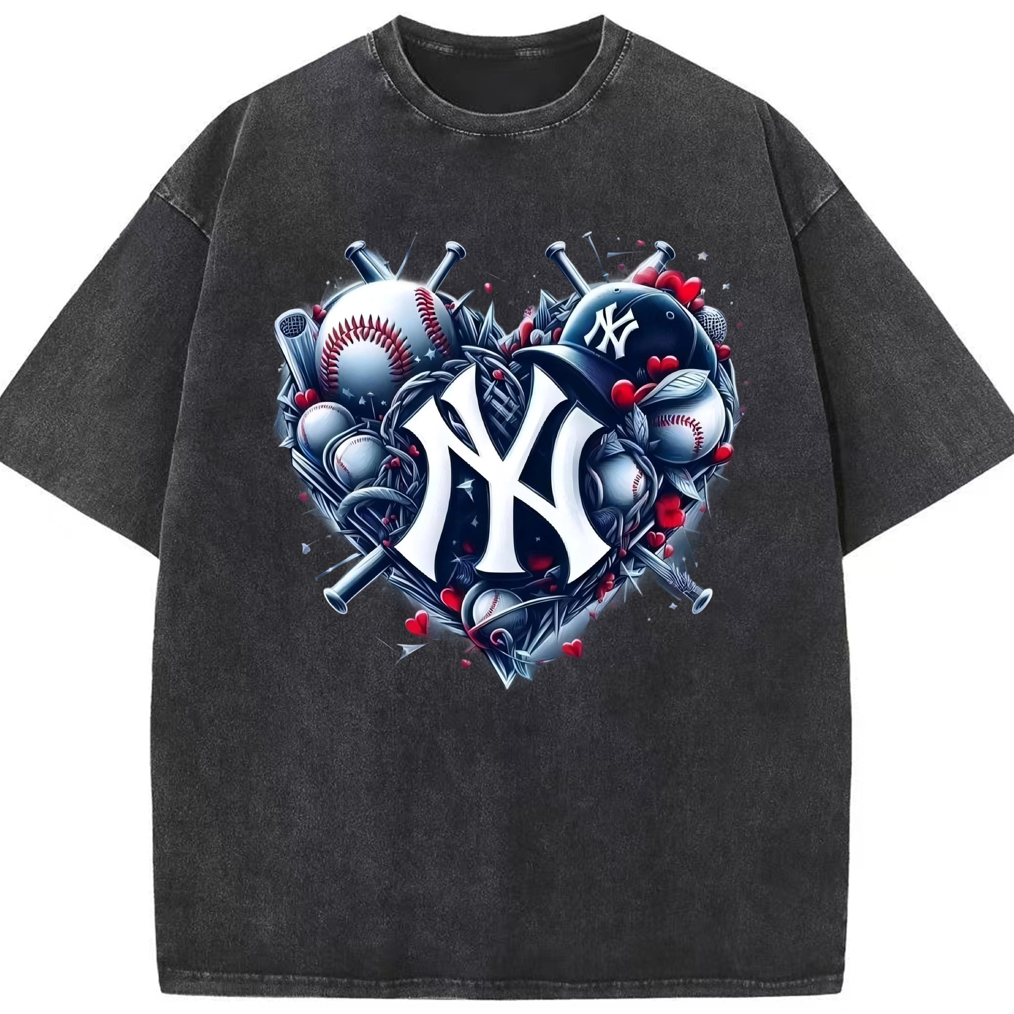 New York Yankees Heart Washed Vintage Look 230g Cotton Oversized T-Shirt With Front Heat Transfer Print – Soft, Lightweight, Stylish Fit – Comfortable Casual Wear For Sports & Everyday Use